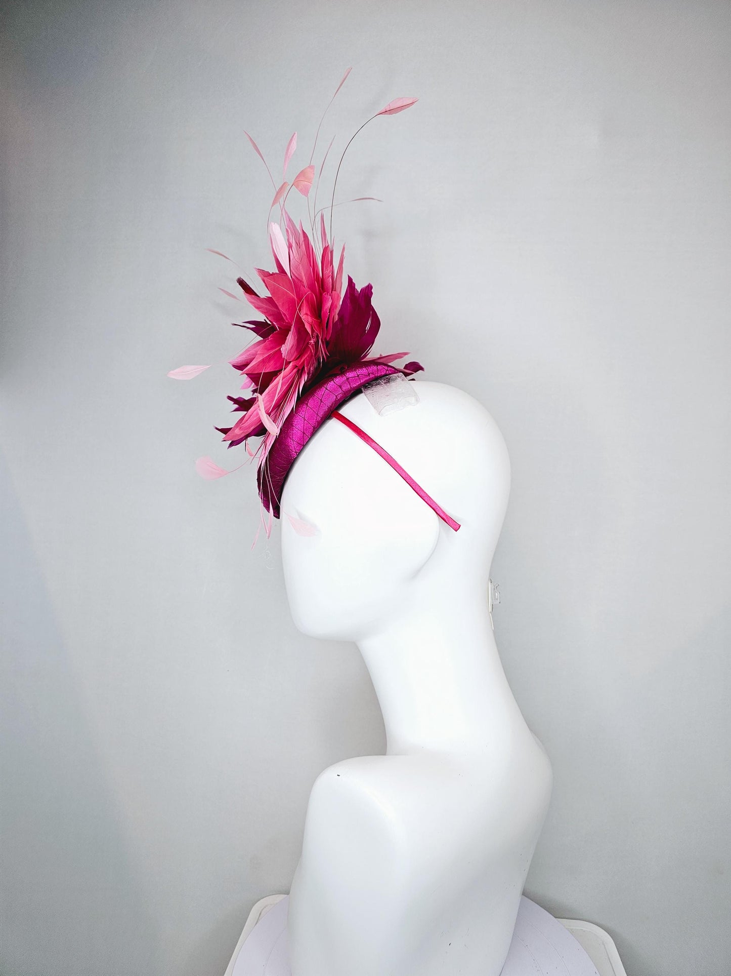 kentucky derby hat fascinator fuchsia pink satin with netting, fuchsia pink burgundy red feather flower, blush pink feathers