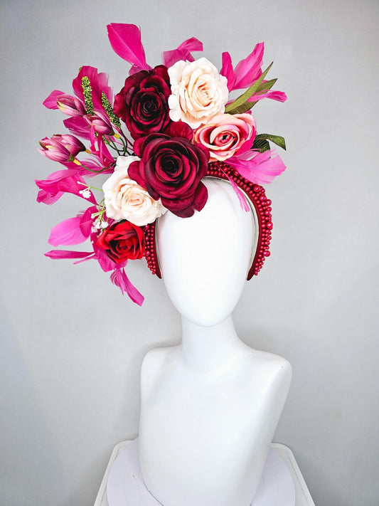 kentucky derby hat fascinator red pearl beaded headband, light pink red burgundy cherry satin rose flowers,green leaves, pink feathers