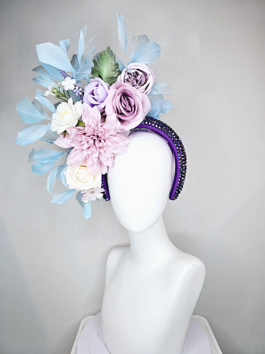 kentucky derby hat fascinator iridescent purple crystal headband,neutral cream light purple lavender flowers,green leaves,sky blue feathers