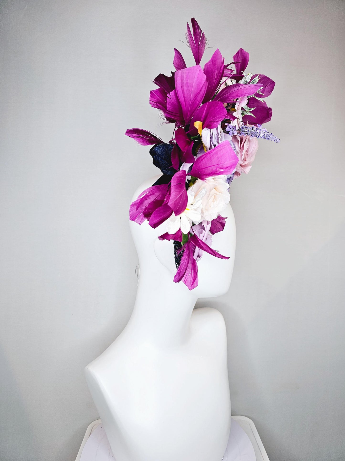 kentucky derby hat fascinator iridescent navy blue crystal headband,cream light pink purple lavender flowers,green leaves,magenta feathers