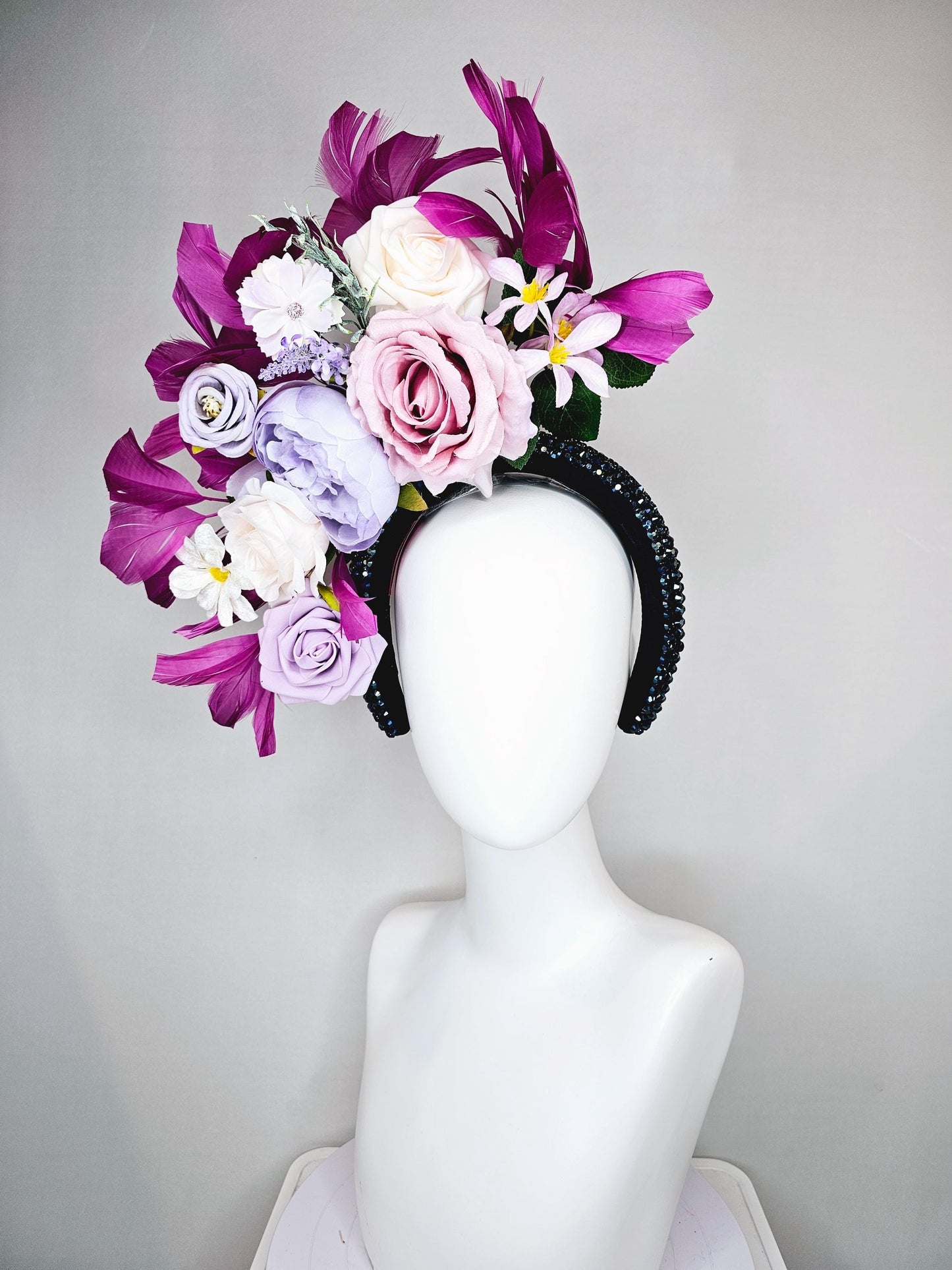 kentucky derby hat fascinator iridescent navy blue crystal headband,cream light pink purple lavender flowers,green leaves,magenta feathers