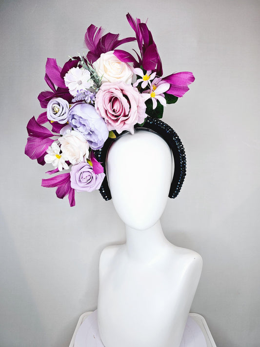 kentucky derby hat fascinator iridescent navy blue crystal headband,cream light pink purple lavender flowers,green leaves,magenta feathers