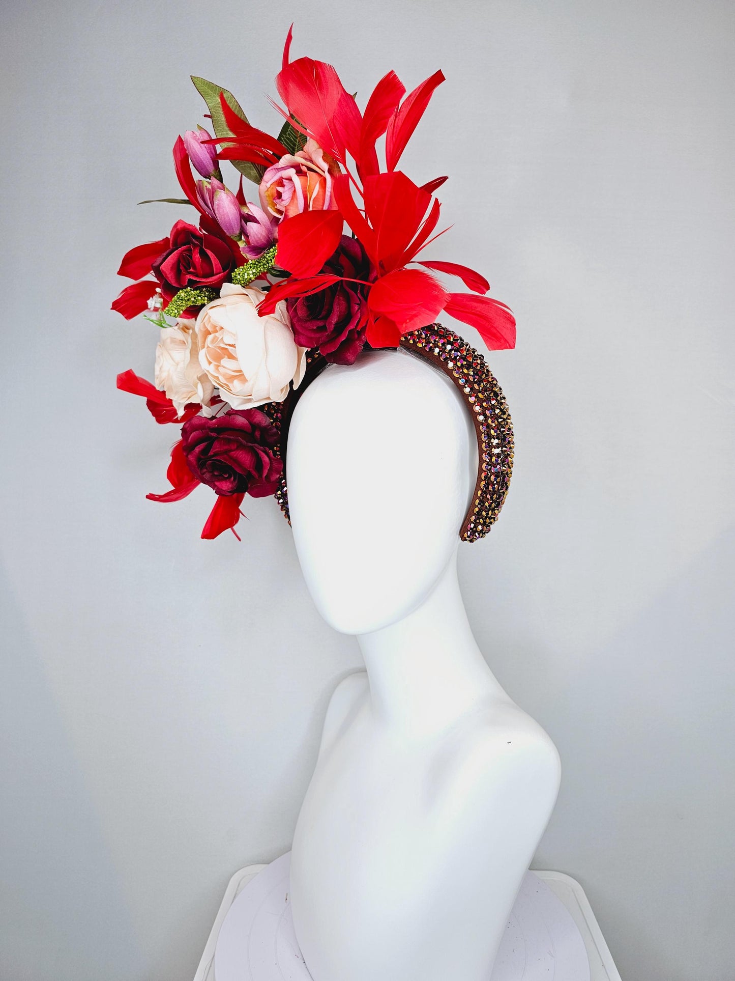 kentucky derby hat fascinator iridescent red wine crystal headband, light pink red burgundy rose flowers, green leaves,red cherry feathers