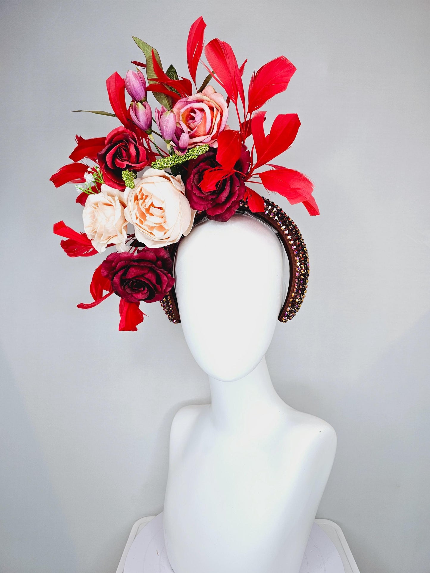 kentucky derby hat fascinator iridescent red wine crystal headband, light pink red burgundy rose flowers, green leaves,red cherry feathers