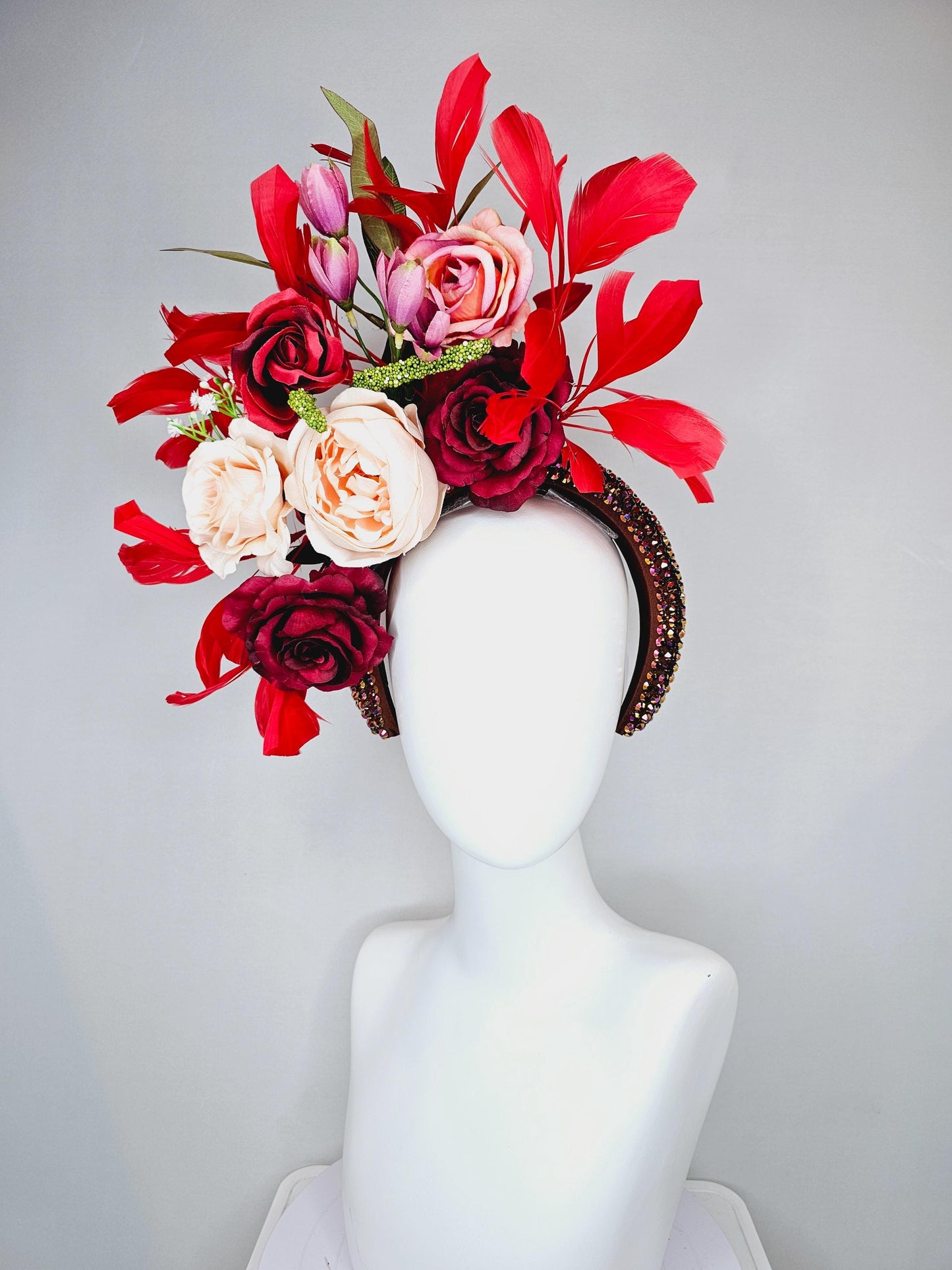 kentucky derby hat fascinator iridescent red wine crystal headband, light pink red burgundy rose flowers, green leaves,red cherry feathers