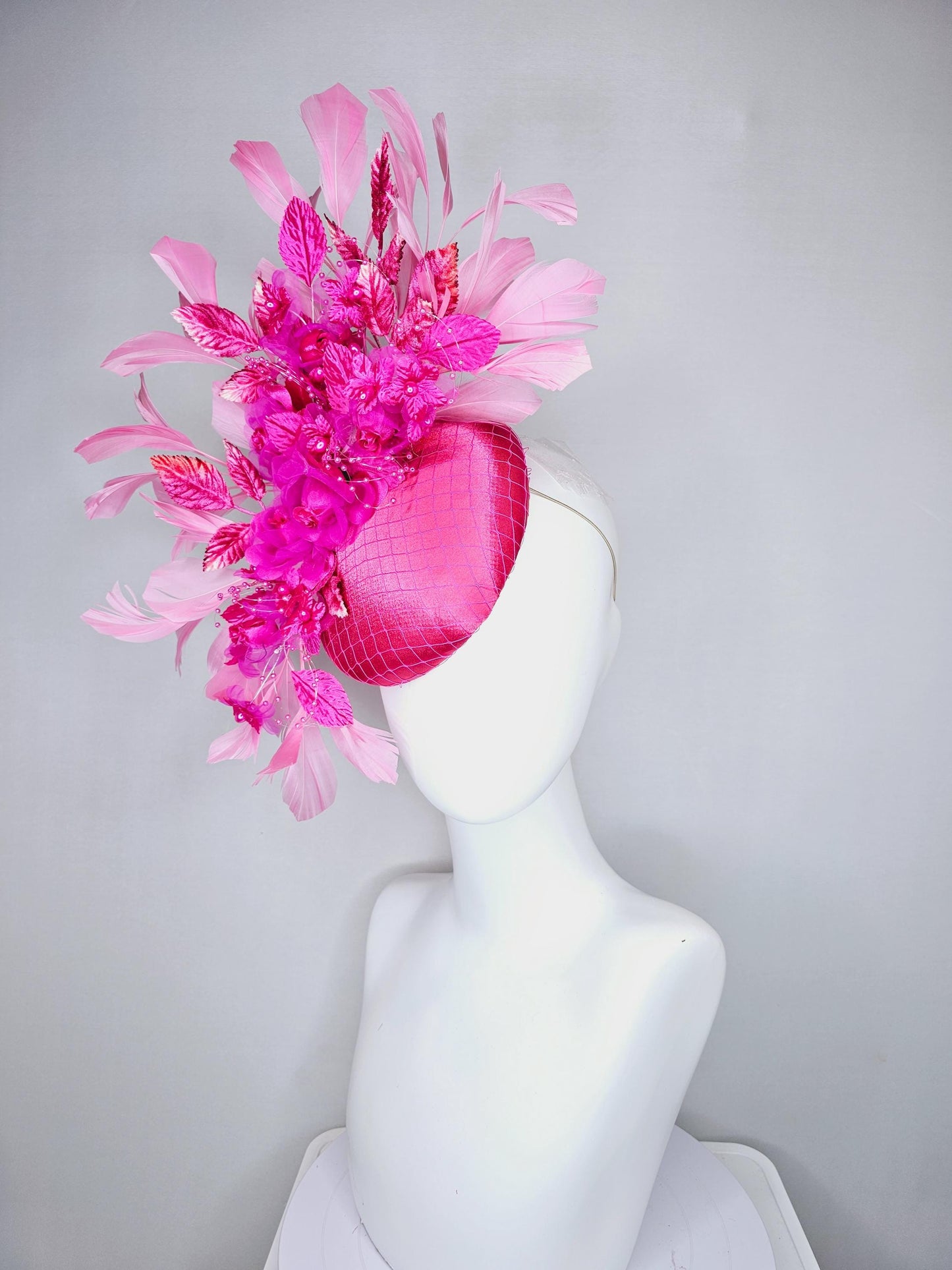 kentucky derby hat fascinator pink satin w/netting,bright pink fuchsia organza satin flowers,ombre pink leaves,blush pink branching feathers