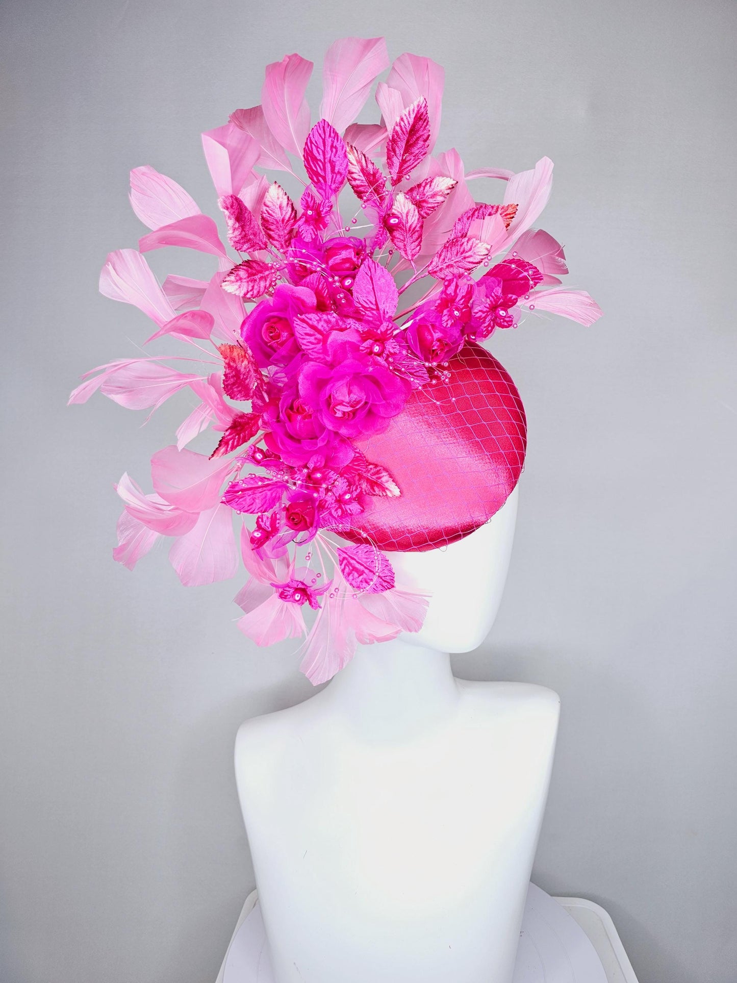 kentucky derby hat fascinator pink satin w/netting,bright pink fuchsia organza satin flowers,ombre pink leaves,blush pink branching feathers