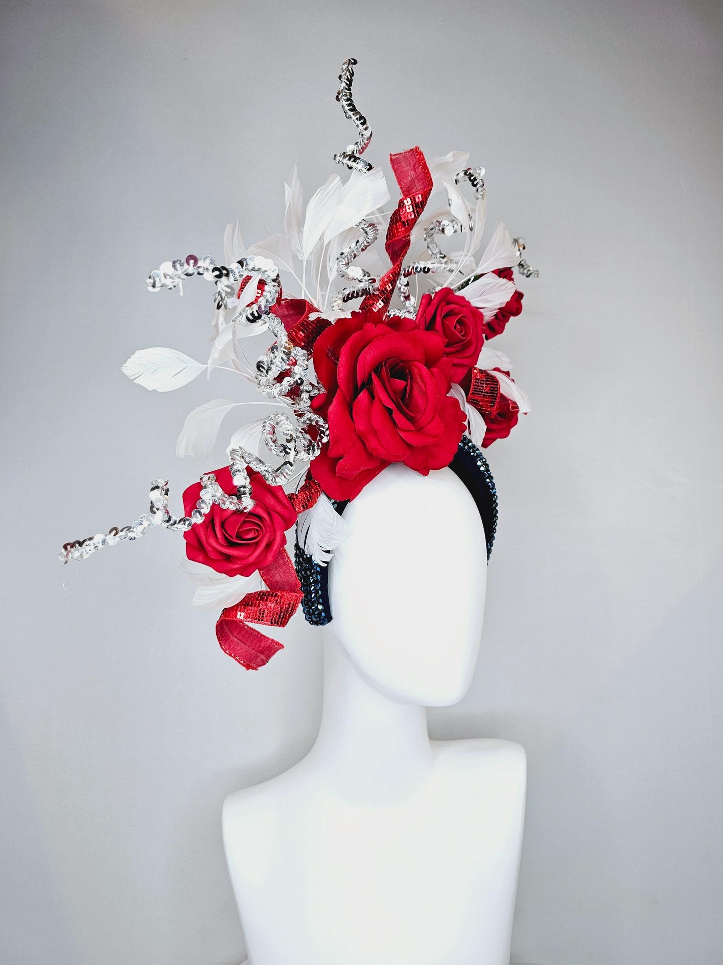 kentucky derby hat fascinator iridescent dark navy blue crystal headband red rose flowers white feather ssilver sequin curls