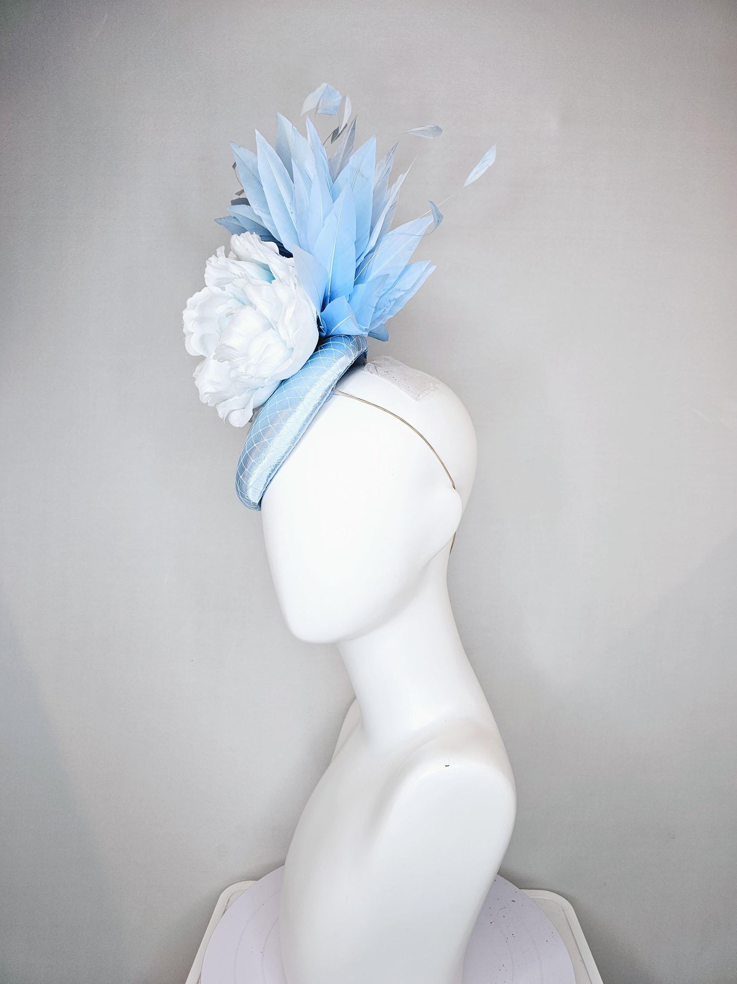 kentucky derby hat fascinator baby blue satin with netting, light sky baby blue satin silk flower and light sky baby blue branching feathers