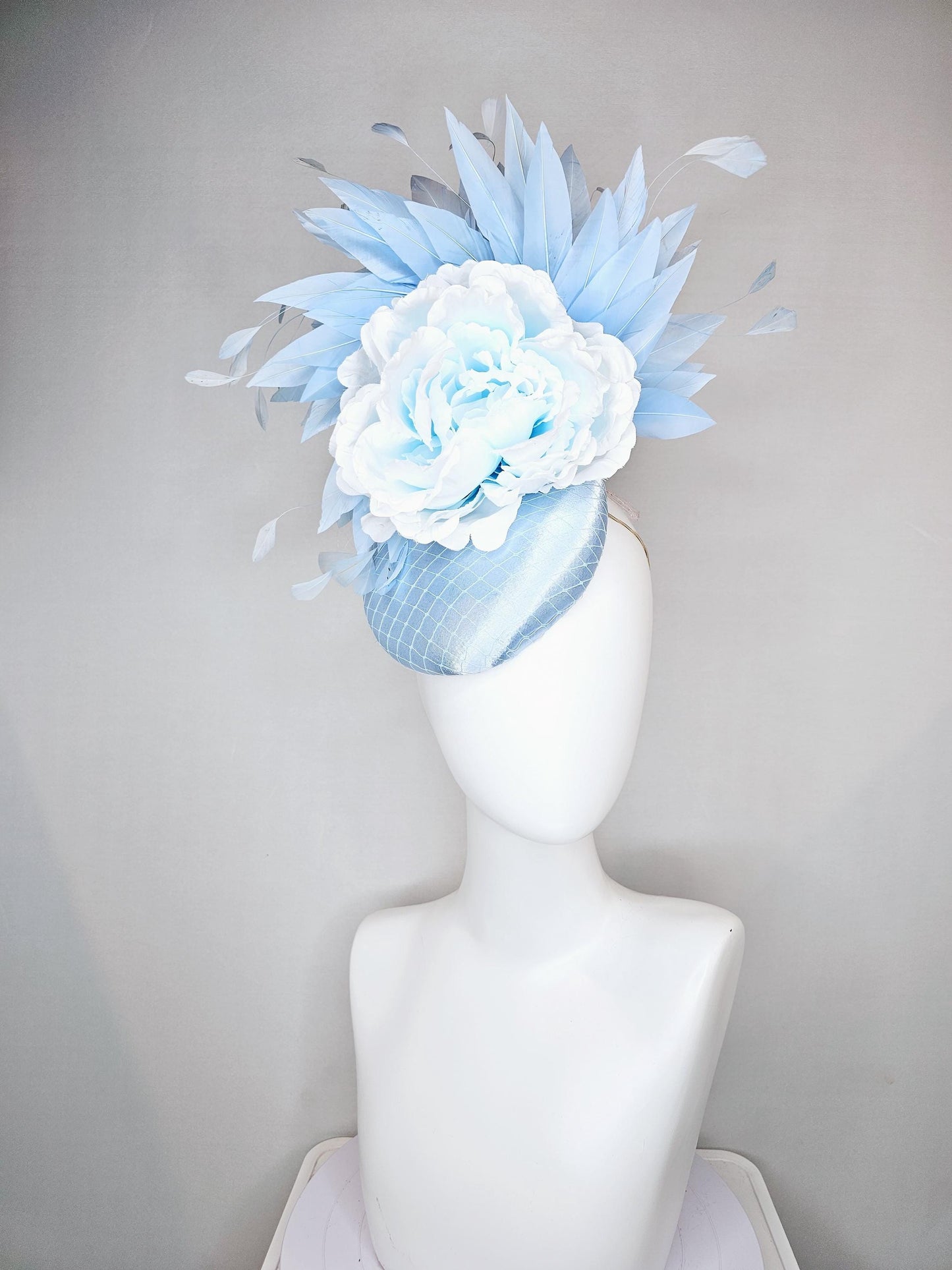 kentucky derby hat fascinator baby blue satin with netting, light sky baby blue satin silk flower and light sky baby blue branching feathers