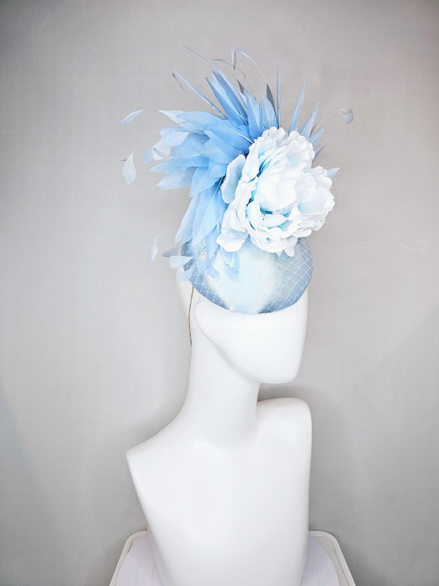 kentucky derby hat fascinator baby blue satin with netting, light sky baby blue satin silk flower and light sky baby blue branching feathers