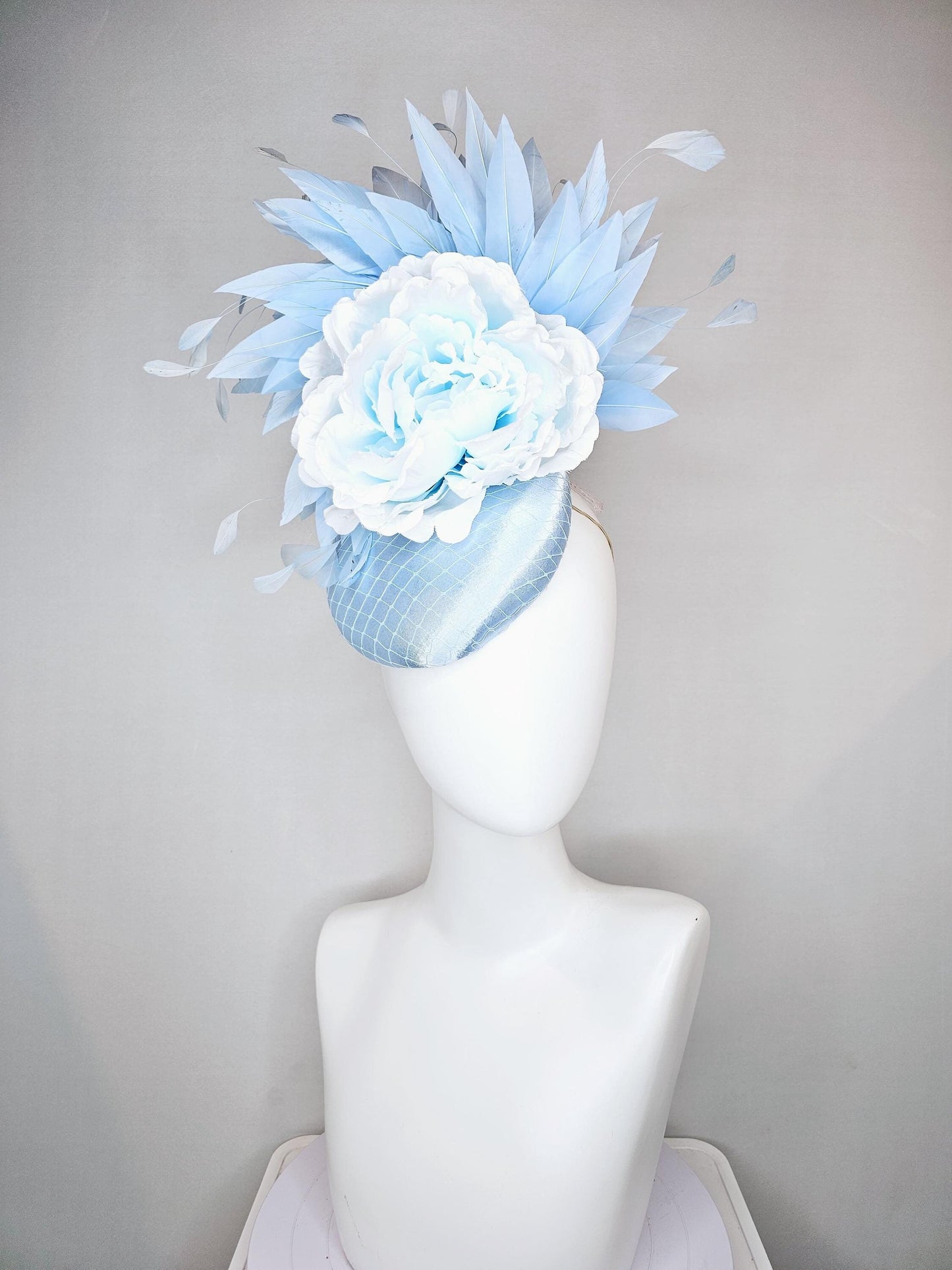 kentucky derby hat fascinator baby blue satin with netting, light sky baby blue satin silk flower and light sky baby blue branching feathers