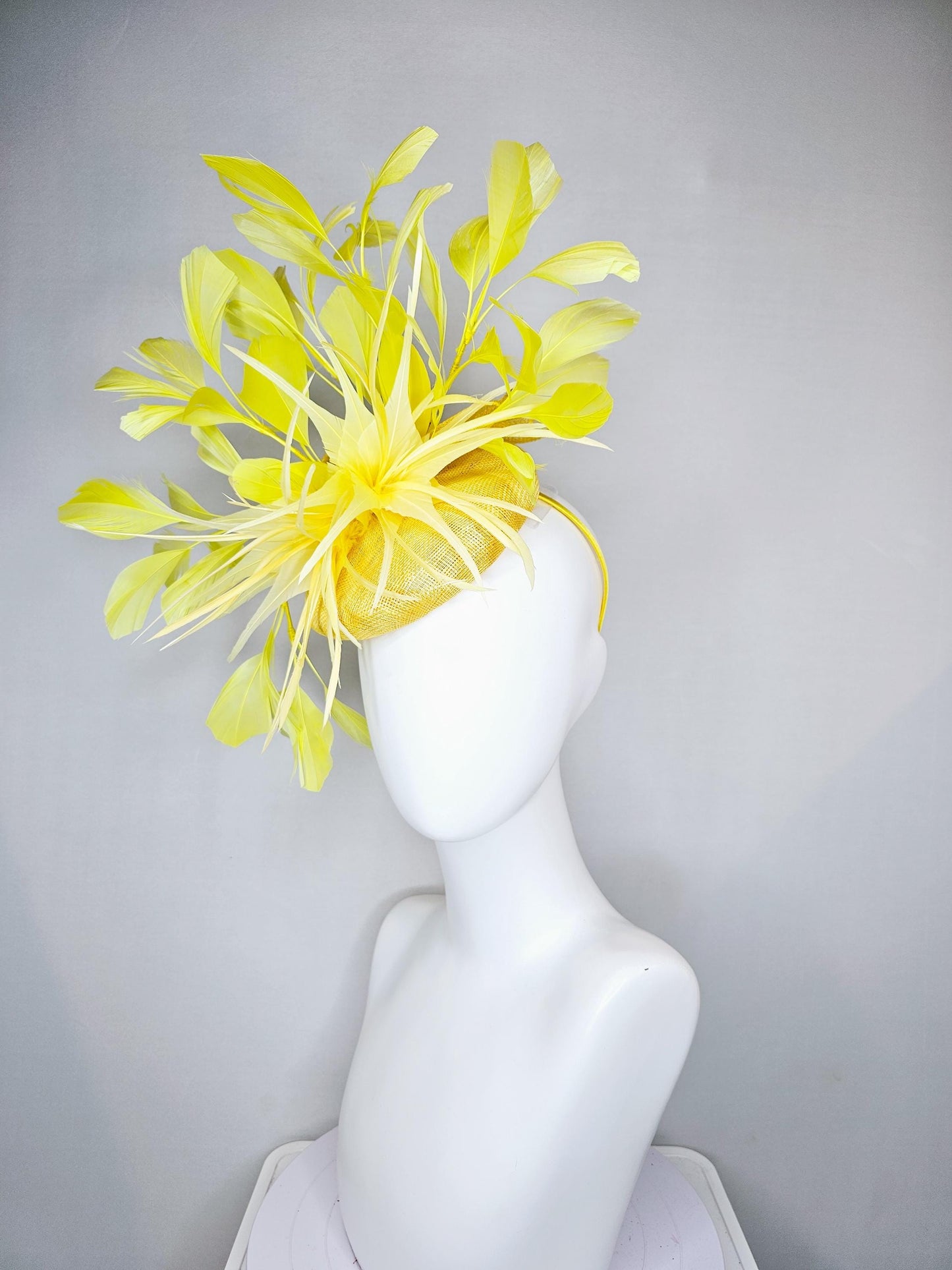 kentucky derby hat fascinator yellow sinamay, ombre yellow feather flower, bright yellow branching feathers, yellow sinamay bow