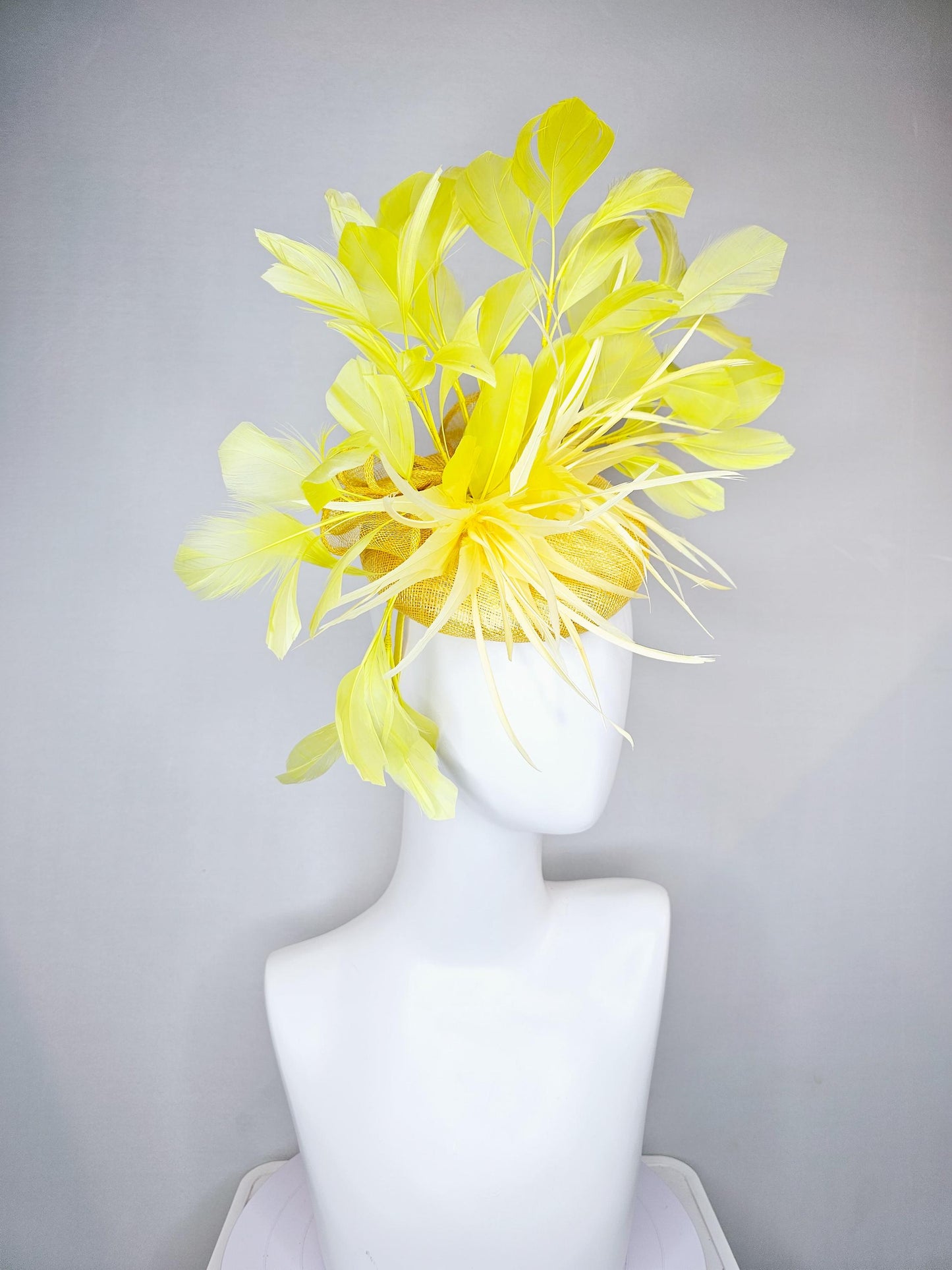 kentucky derby hat fascinator yellow sinamay, ombre yellow feather flower, bright yellow branching feathers, yellow sinamay bow