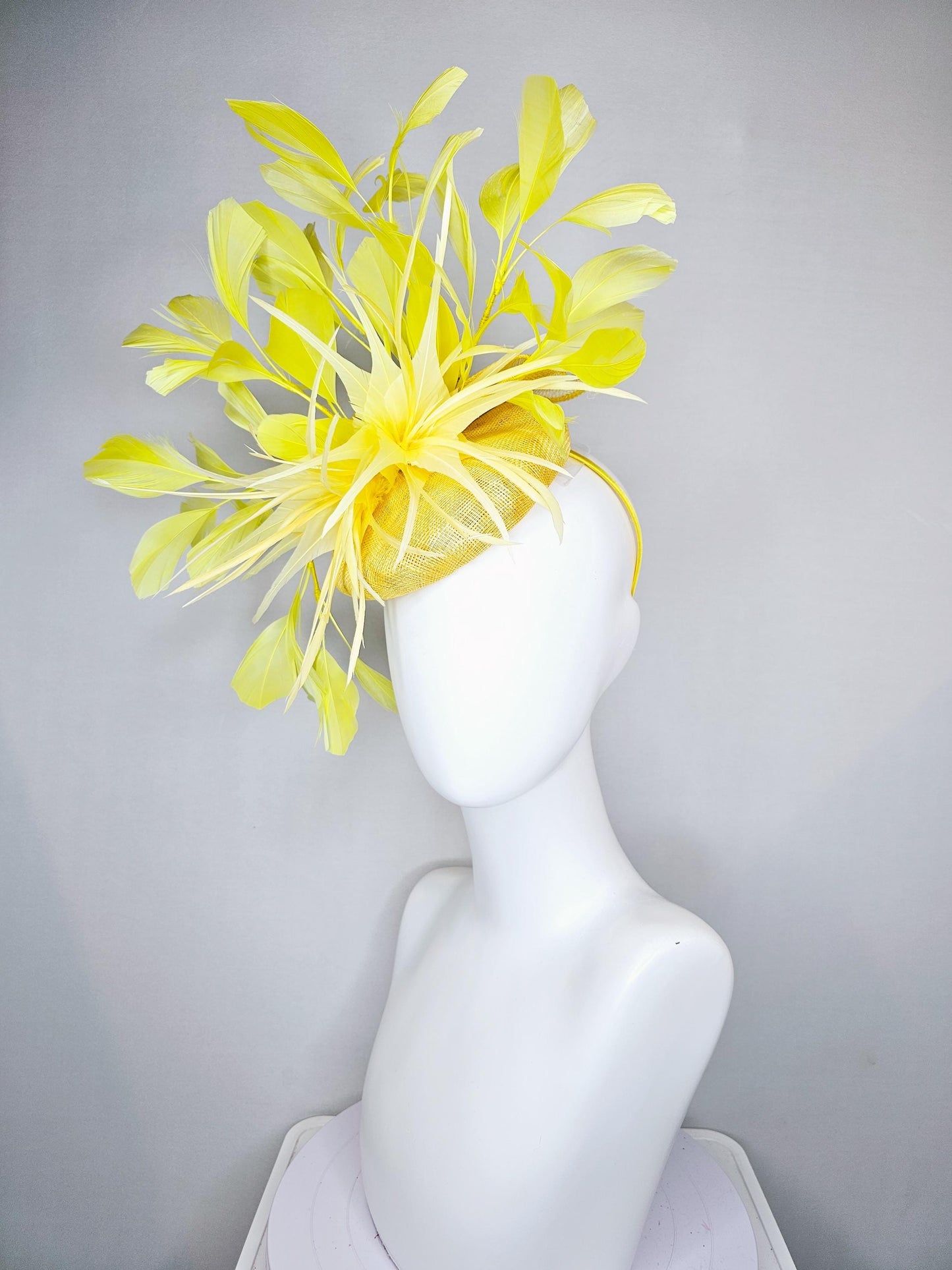 kentucky derby hat fascinator yellow sinamay, ombre yellow feather flower, bright yellow branching feathers, yellow sinamay bow