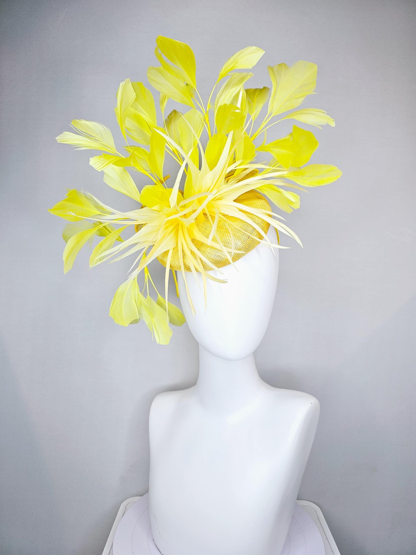 kentucky derby hat fascinator yellow sinamay, ombre yellow feather flower, bright yellow branching feathers, yellow sinamay bow