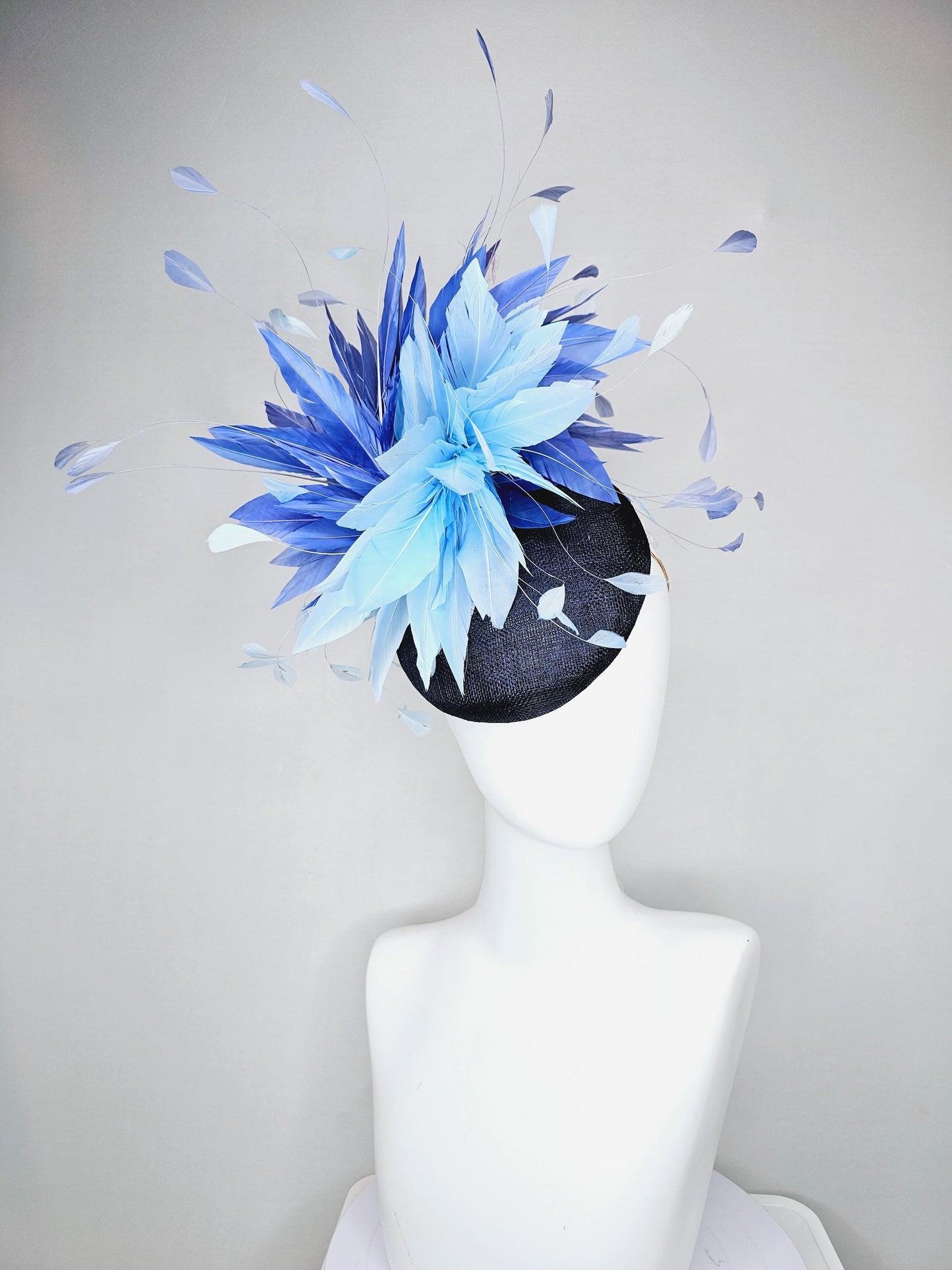 kentucky derby hat fascinator navy blue sinamay base with fluffy sky blue cobalt blue branching feathers