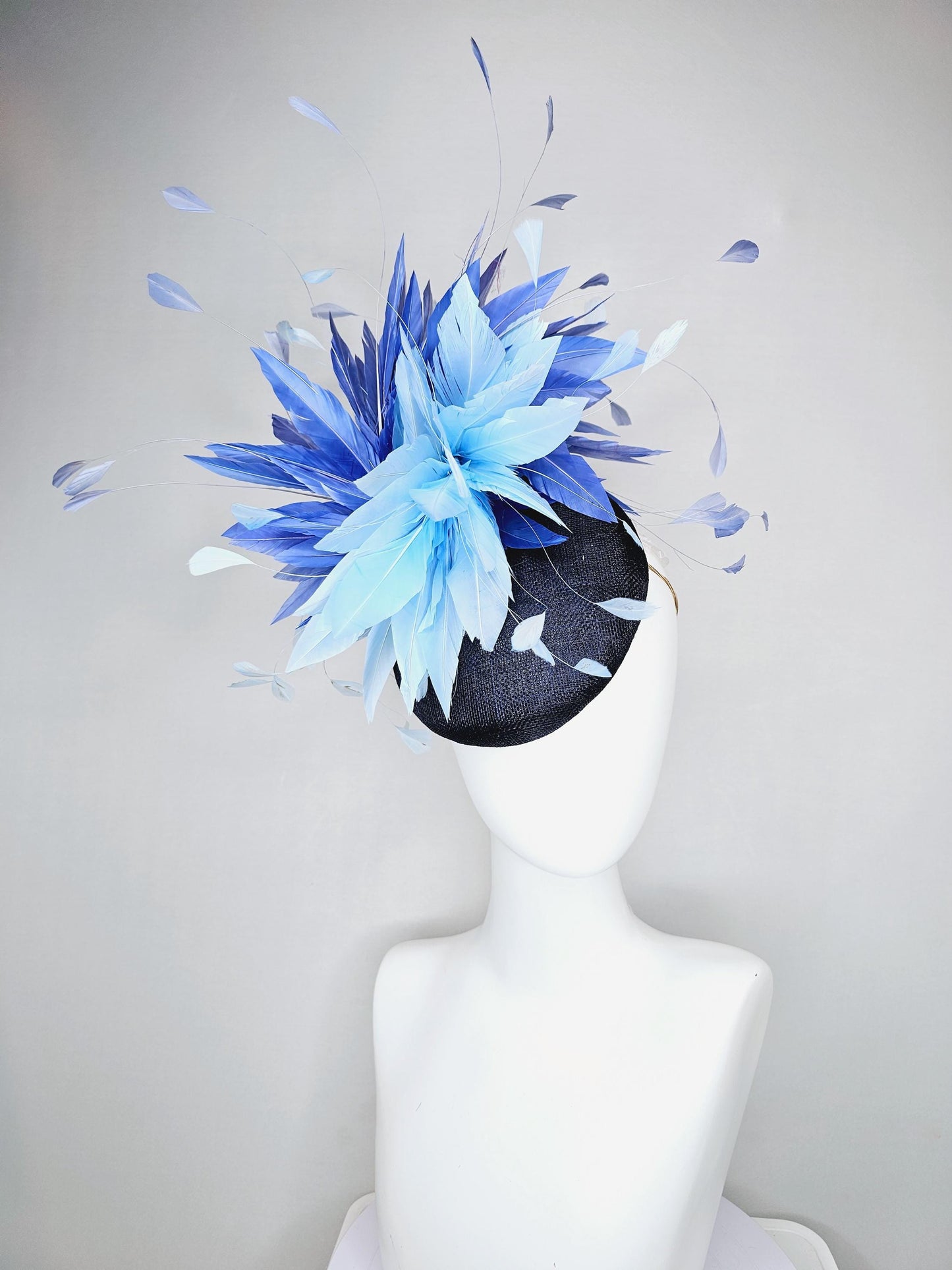 kentucky derby hat fascinator navy blue sinamay base with fluffy sky blue cobalt blue branching feathers