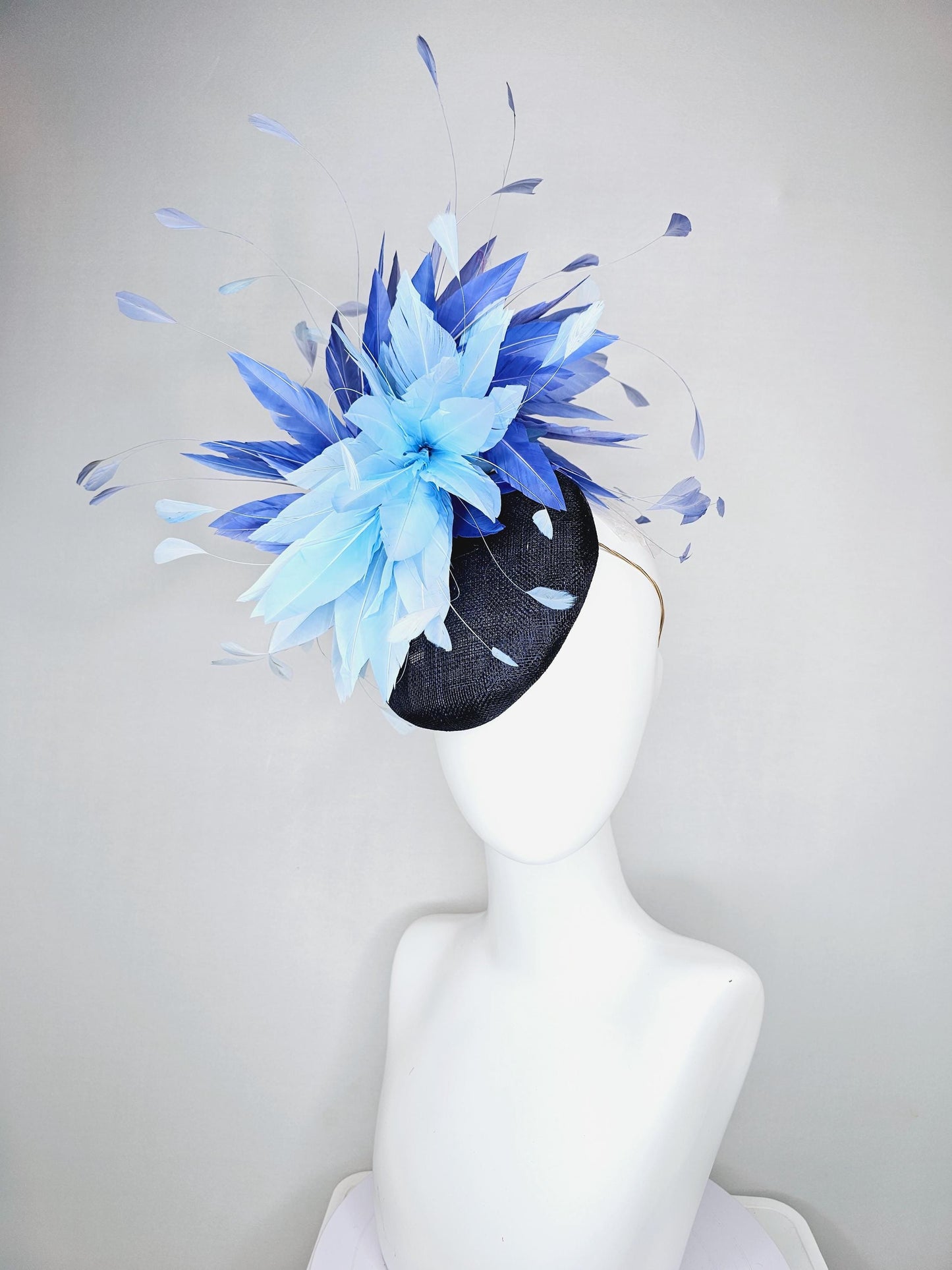 kentucky derby hat fascinator navy blue sinamay base with fluffy sky blue cobalt blue branching feathers