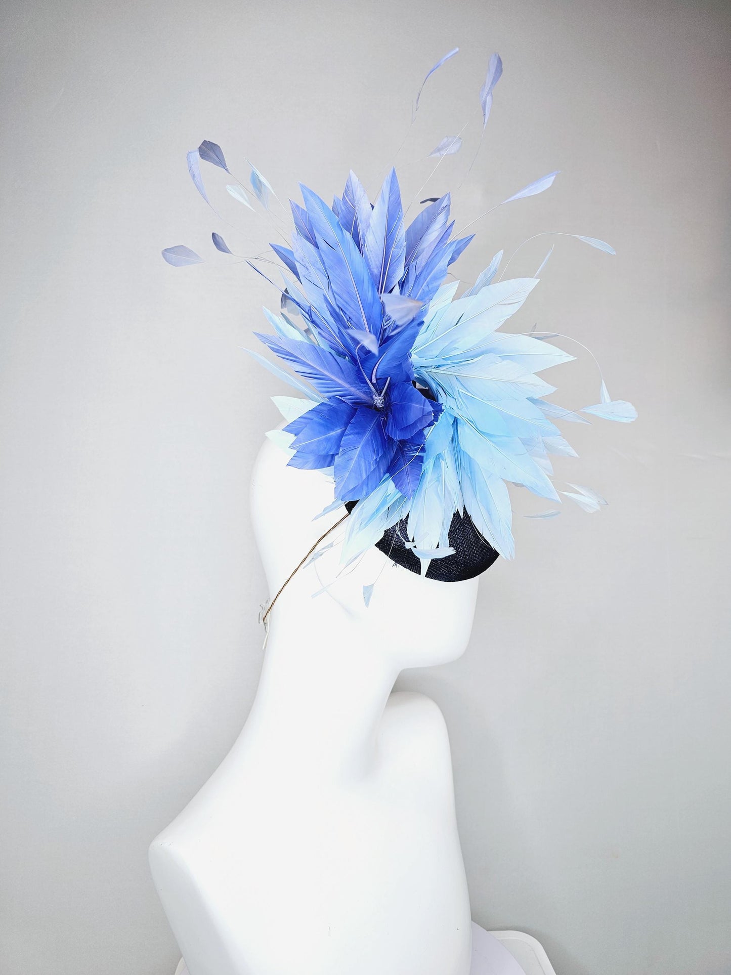 kentucky derby hat fascinator navy blue sinamay base with fluffy sky blue cobalt blue branching feathers