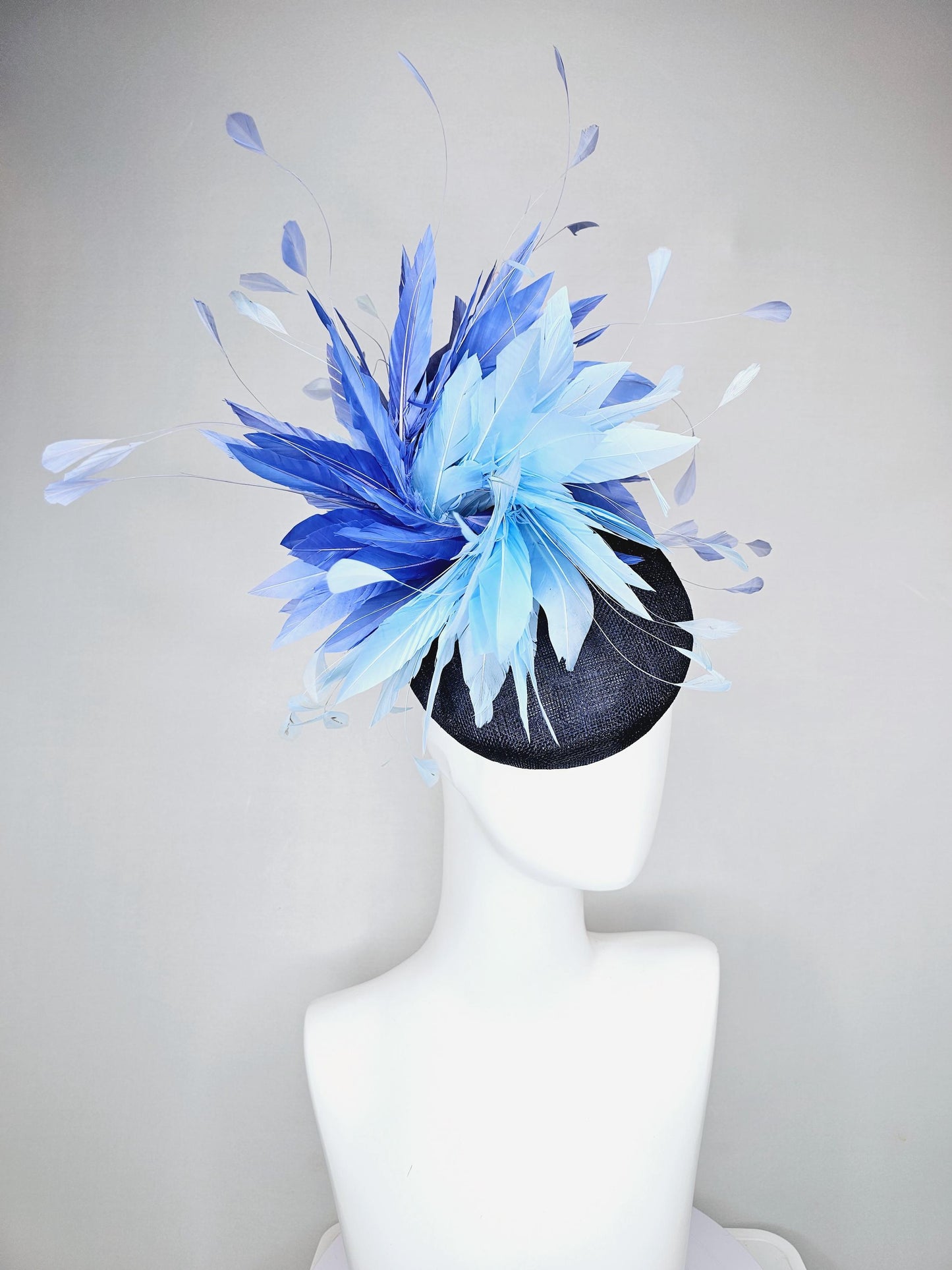 kentucky derby hat fascinator navy blue sinamay base with fluffy sky blue cobalt blue branching feathers