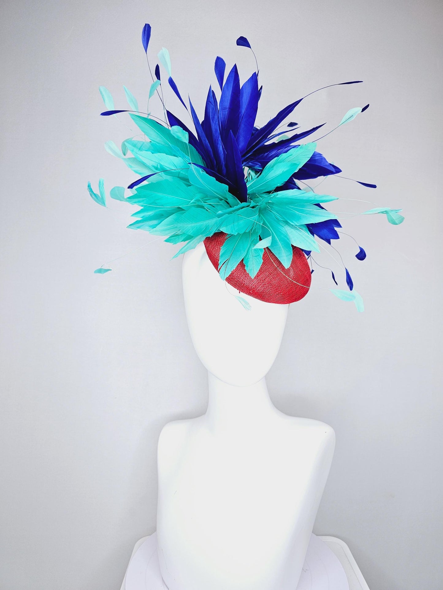 kentucky derby hat fascinator red sinamay with fluffy turquoise blue mint green royal blue branching feathers