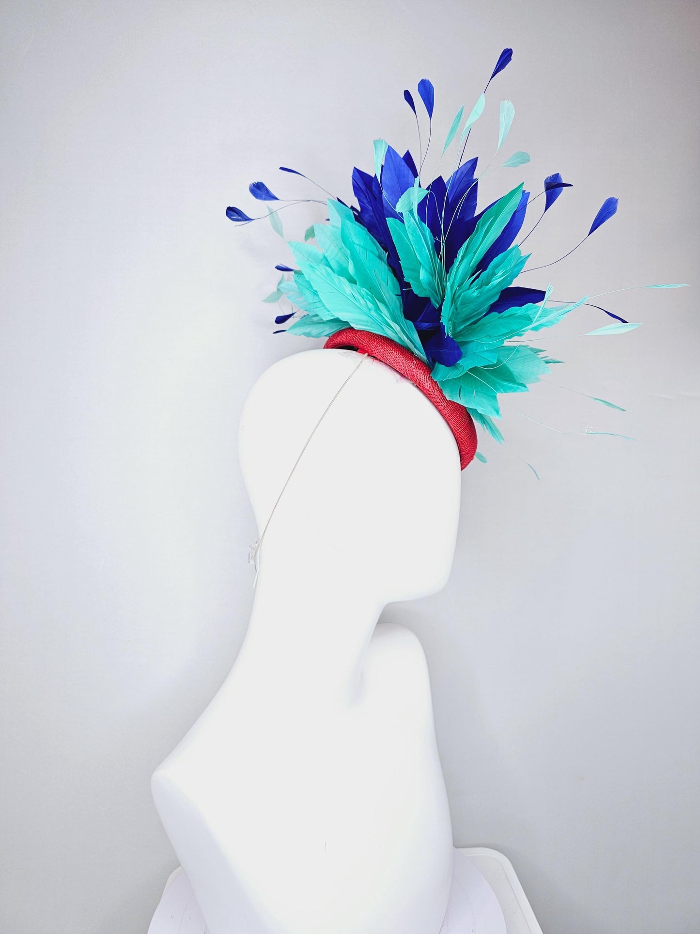 kentucky derby hat fascinator red sinamay with fluffy turquoise blue mint green royal blue branching feathers