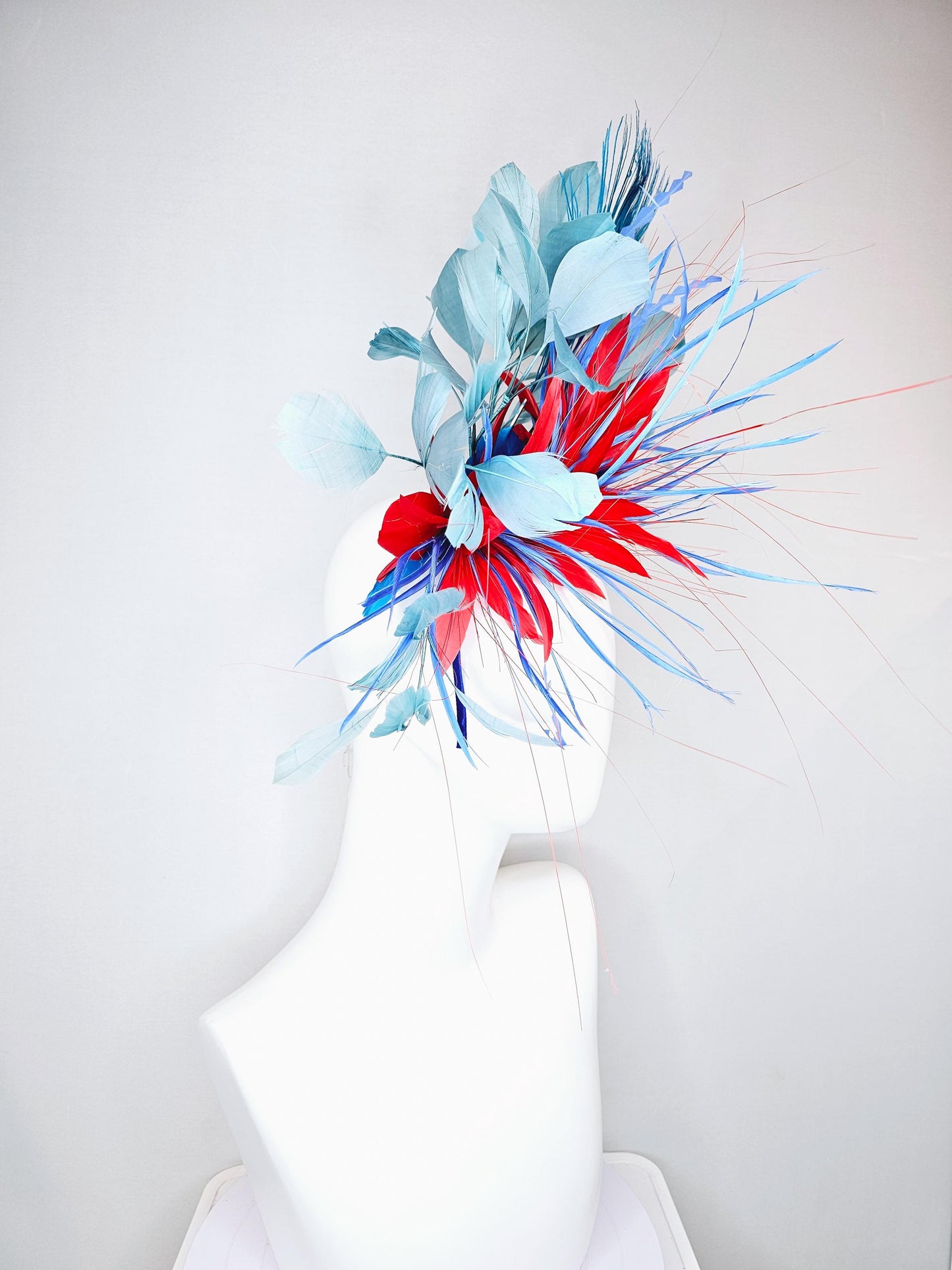 kentucky derby hat fascinator red royal blue feather flower,baby royal blue zigzag feathers, light teal blue and blue peacock feathers