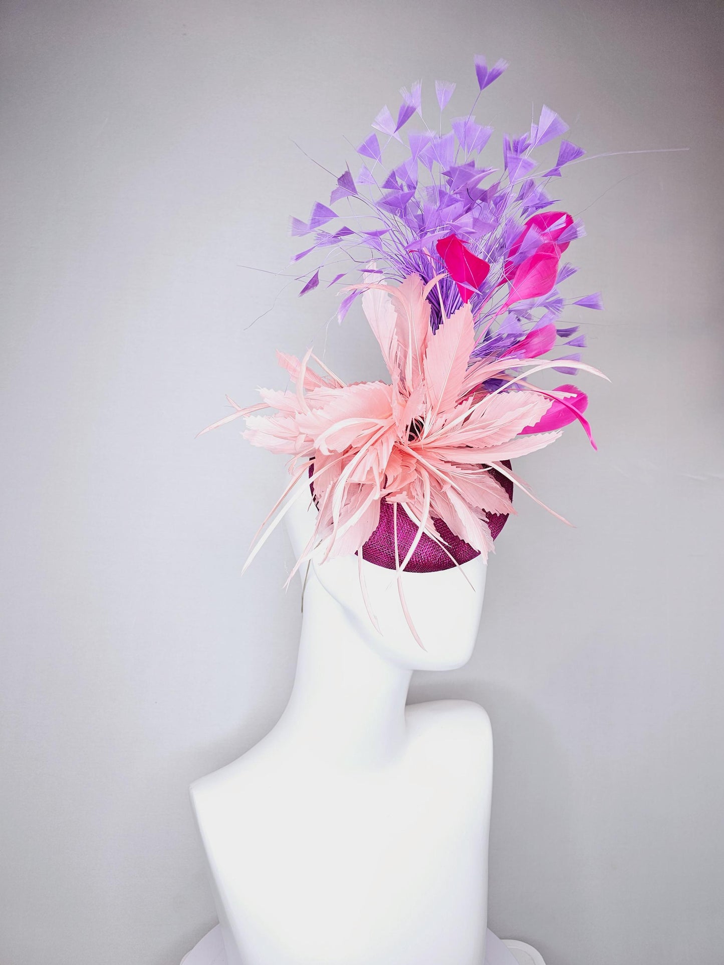 kentucky derby hat fascinator magenta purple sinamay with blush pink zigzag feather flower, pink feathers,lavender purple branching feathers