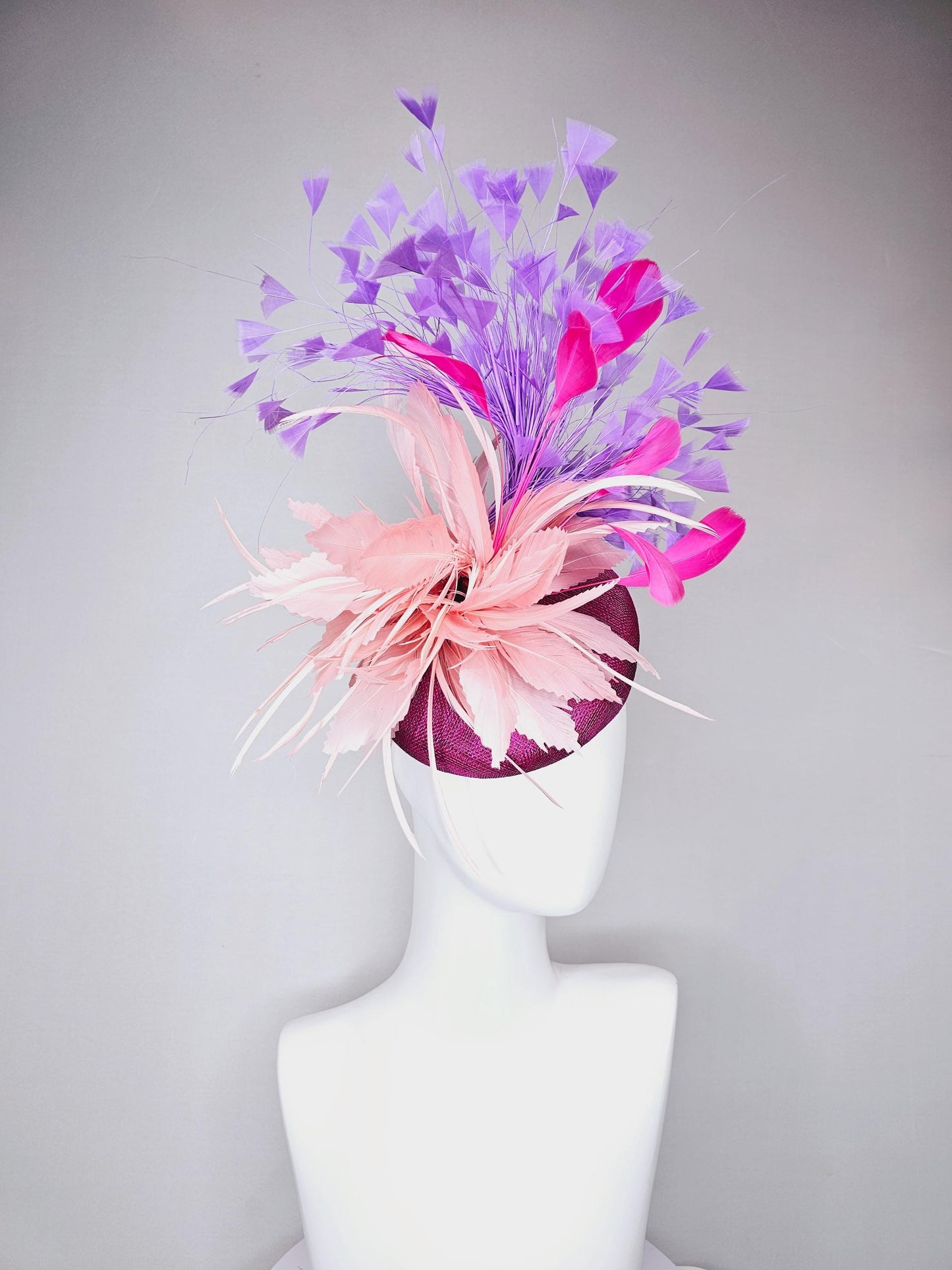 kentucky derby hat fascinator magenta purple sinamay with blush pink zigzag feather flower, pink feathers,lavender purple branching feathers