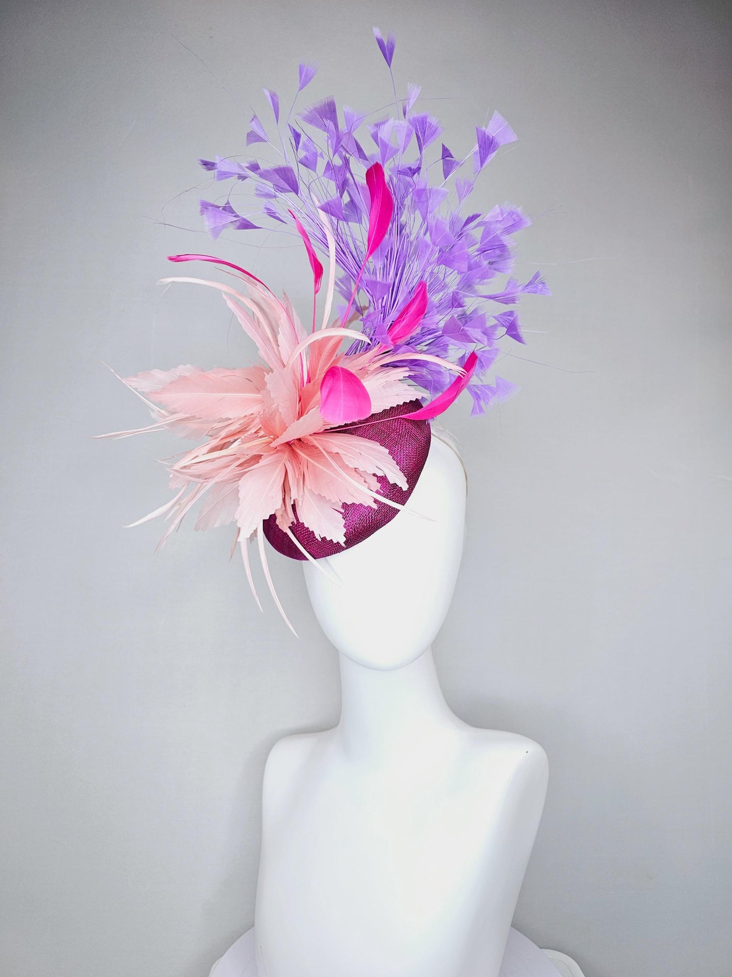 kentucky derby hat fascinator magenta purple sinamay with blush pink zigzag feather flower, pink feathers,lavender purple branching feathers