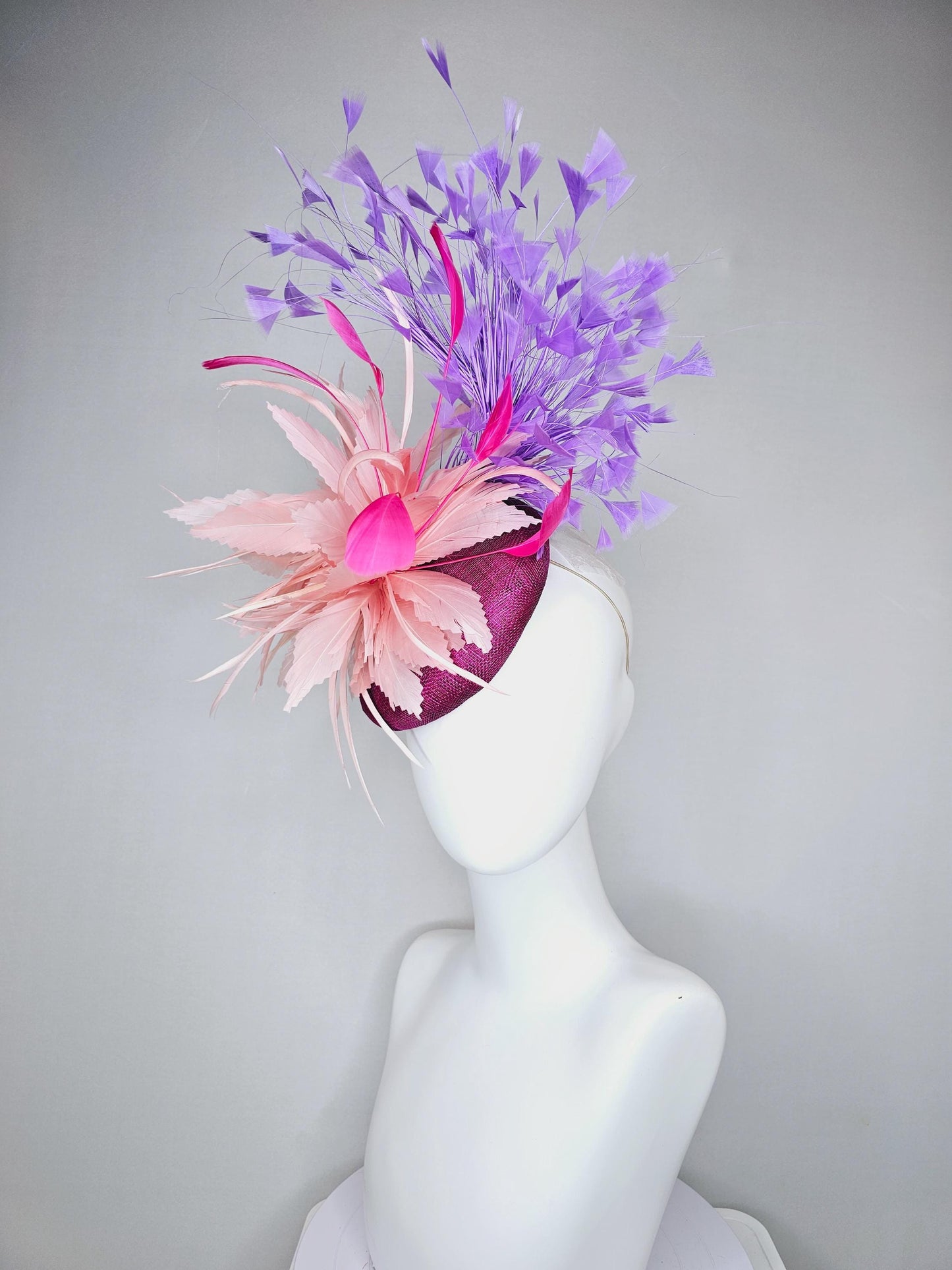 kentucky derby hat fascinator magenta purple sinamay with blush pink zigzag feather flower, pink feathers,lavender purple branching feathers