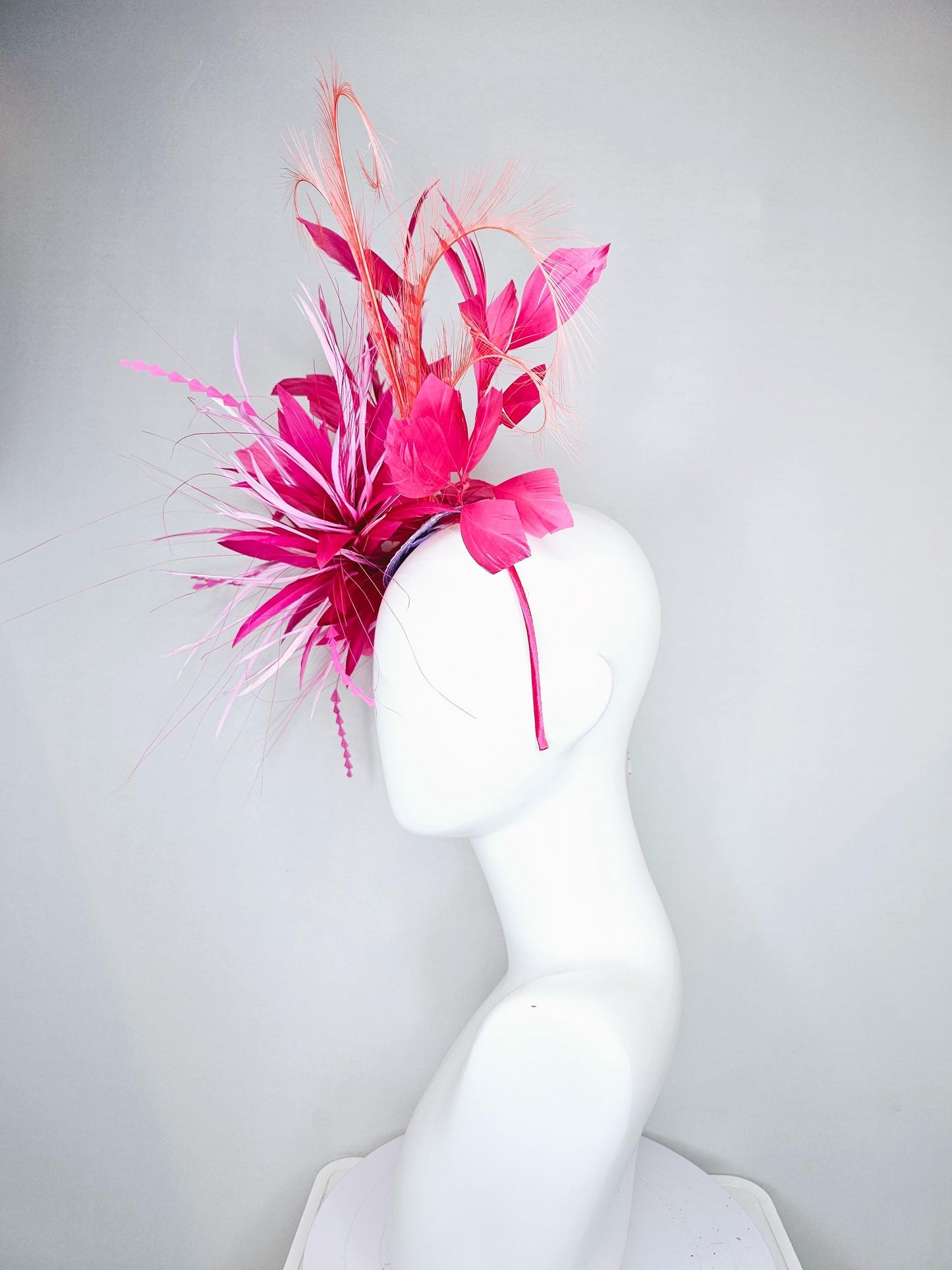 kentucky derby hat fascinator pink and baby pink feather flower, pink zigzag feathers, orange coral peach pink feathers