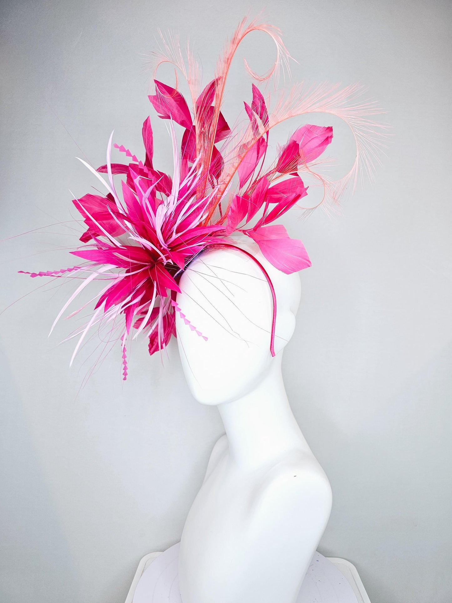 kentucky derby hat fascinator pink and baby pink feather flower, pink zigzag feathers, orange coral peach pink feathers