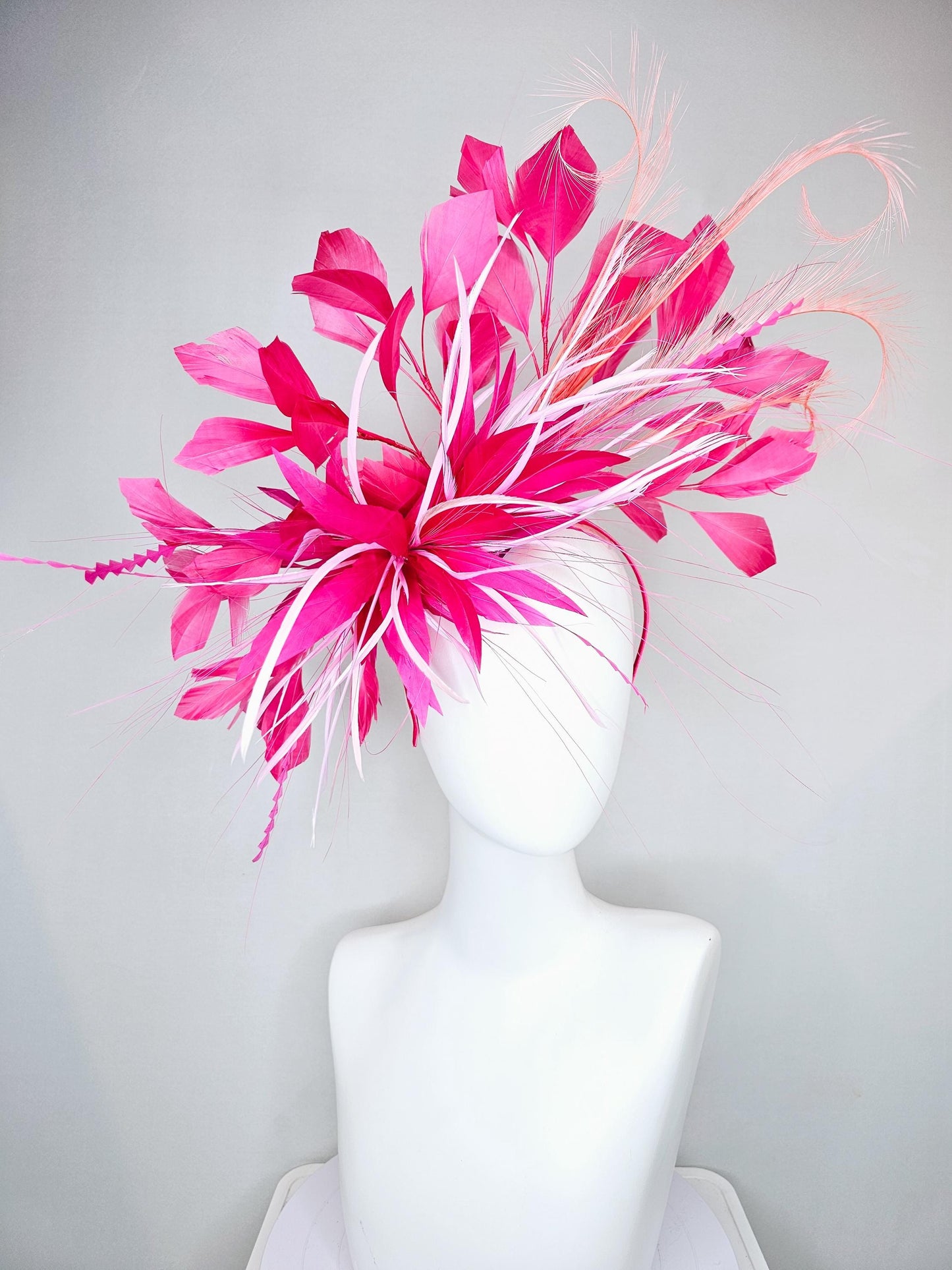 kentucky derby hat fascinator pink and baby pink feather flower, pink zigzag feathers, orange coral peach pink feathers