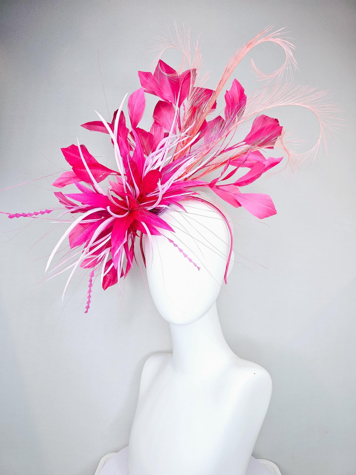 kentucky derby hat fascinator pink and baby pink feather flower, pink zigzag feathers, orange coral peach pink feathers