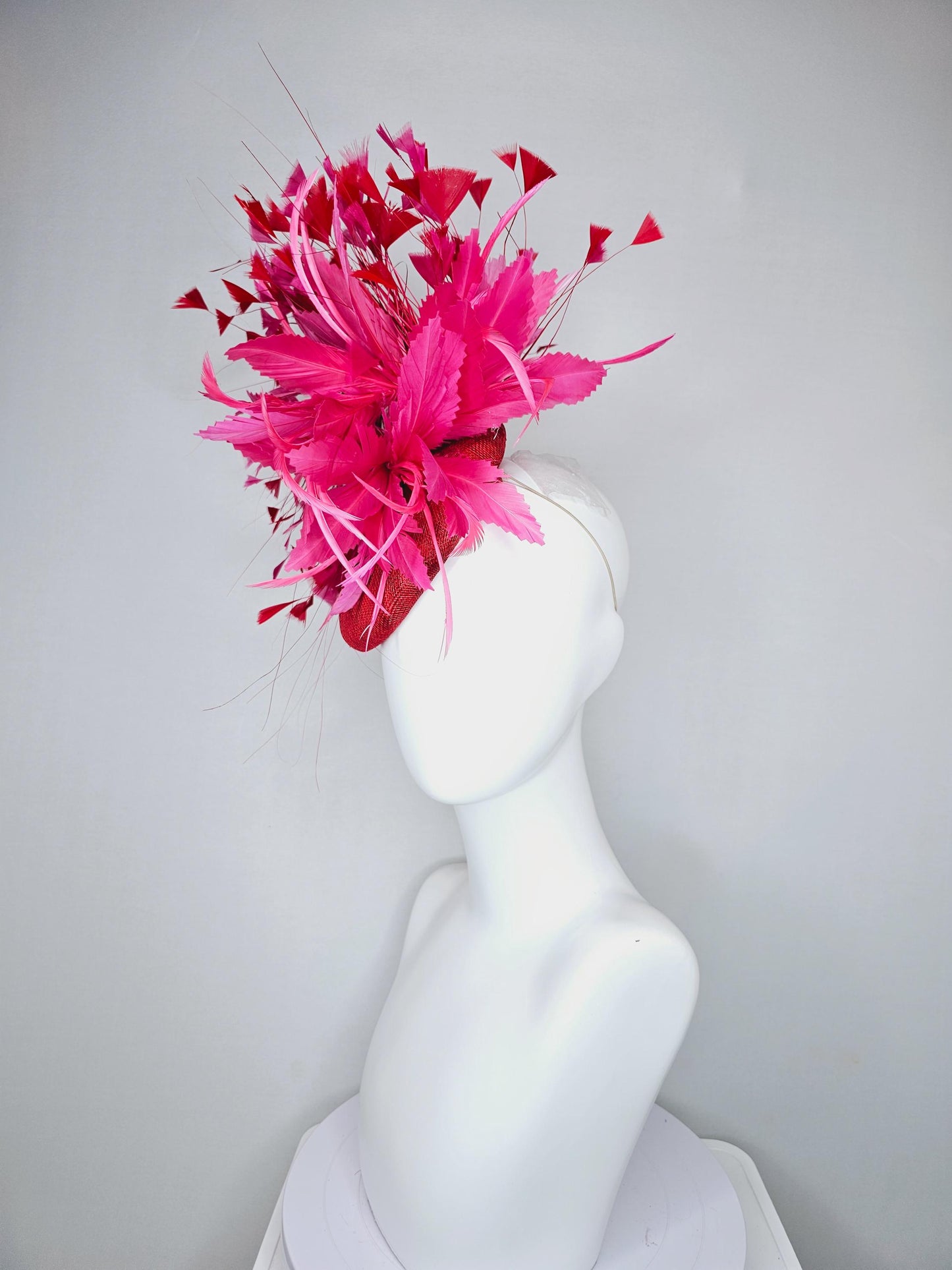 kentucky derby hat fascinator red sinamay with fluffy pink zigzag feather flower and scarlet red branching feathers