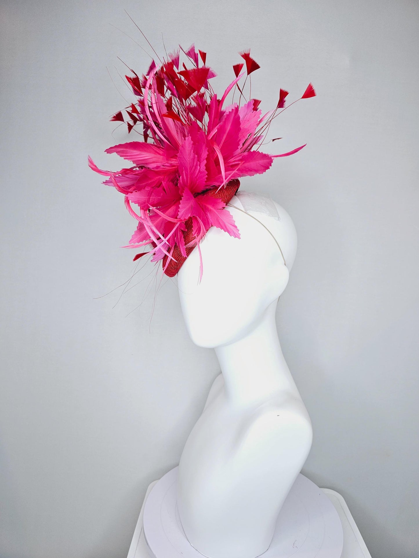 kentucky derby hat fascinator red sinamay with fluffy pink zigzag feather flower and scarlet red branching feathers