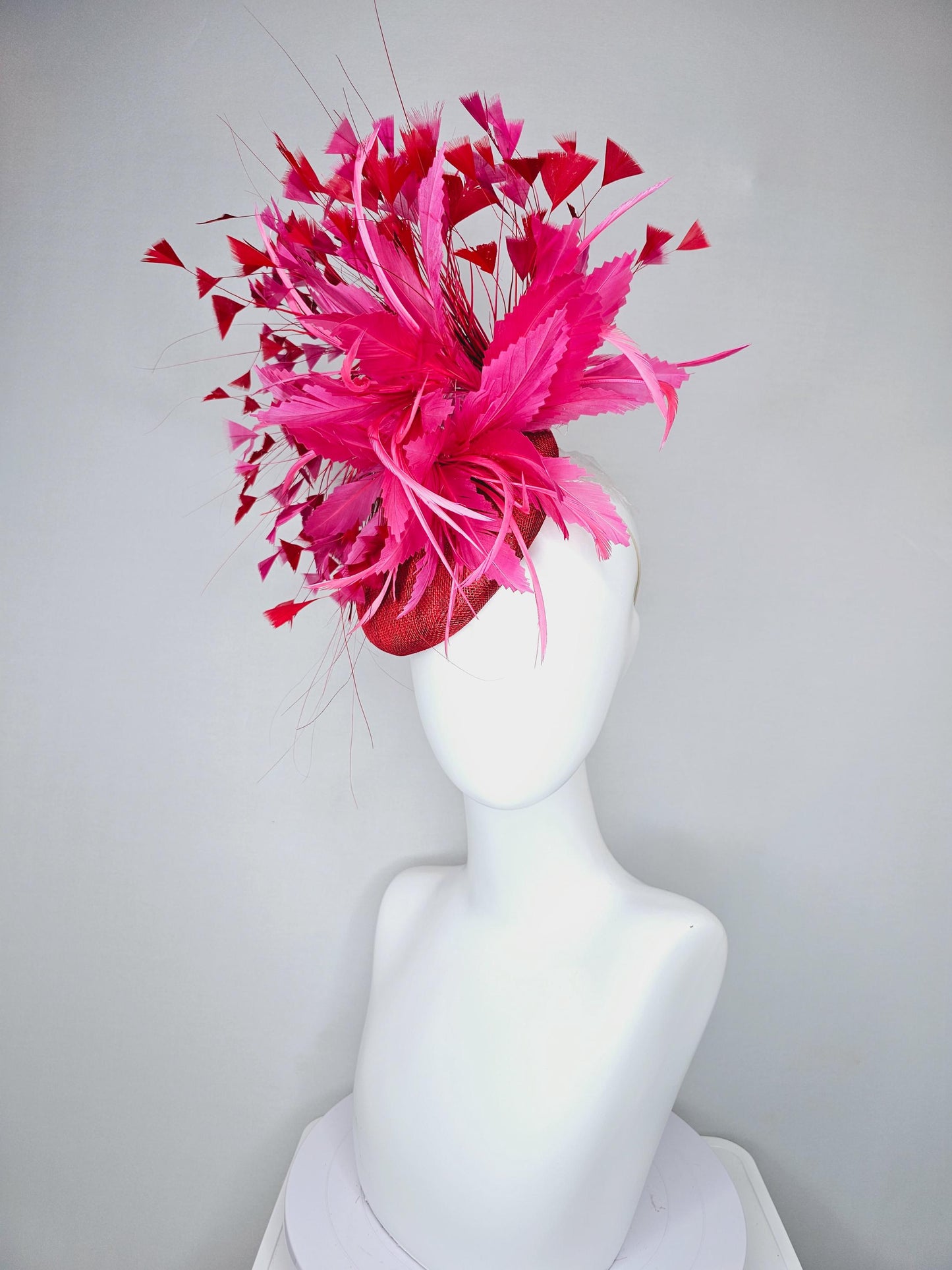 kentucky derby hat fascinator red sinamay with fluffy pink zigzag feather flower and scarlet red branching feathers