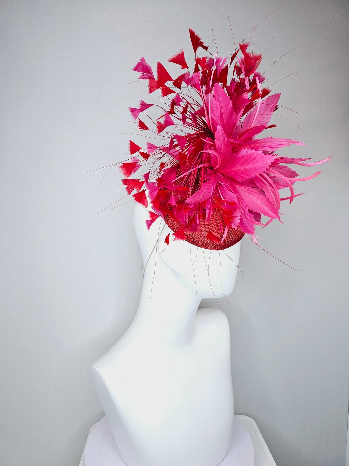 kentucky derby hat fascinator red sinamay with fluffy pink zigzag feather flower and scarlet red branching feathers