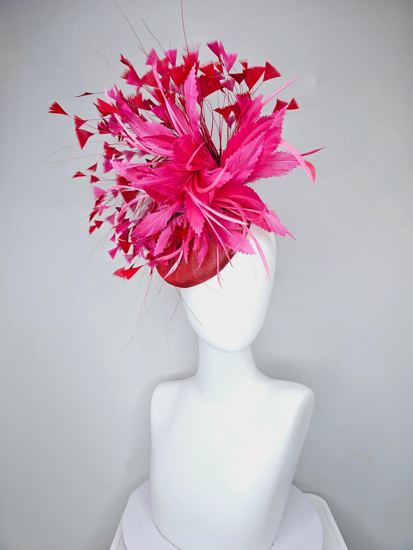 kentucky derby hat fascinator red sinamay with fluffy pink zigzag feather flower and scarlet red branching feathers