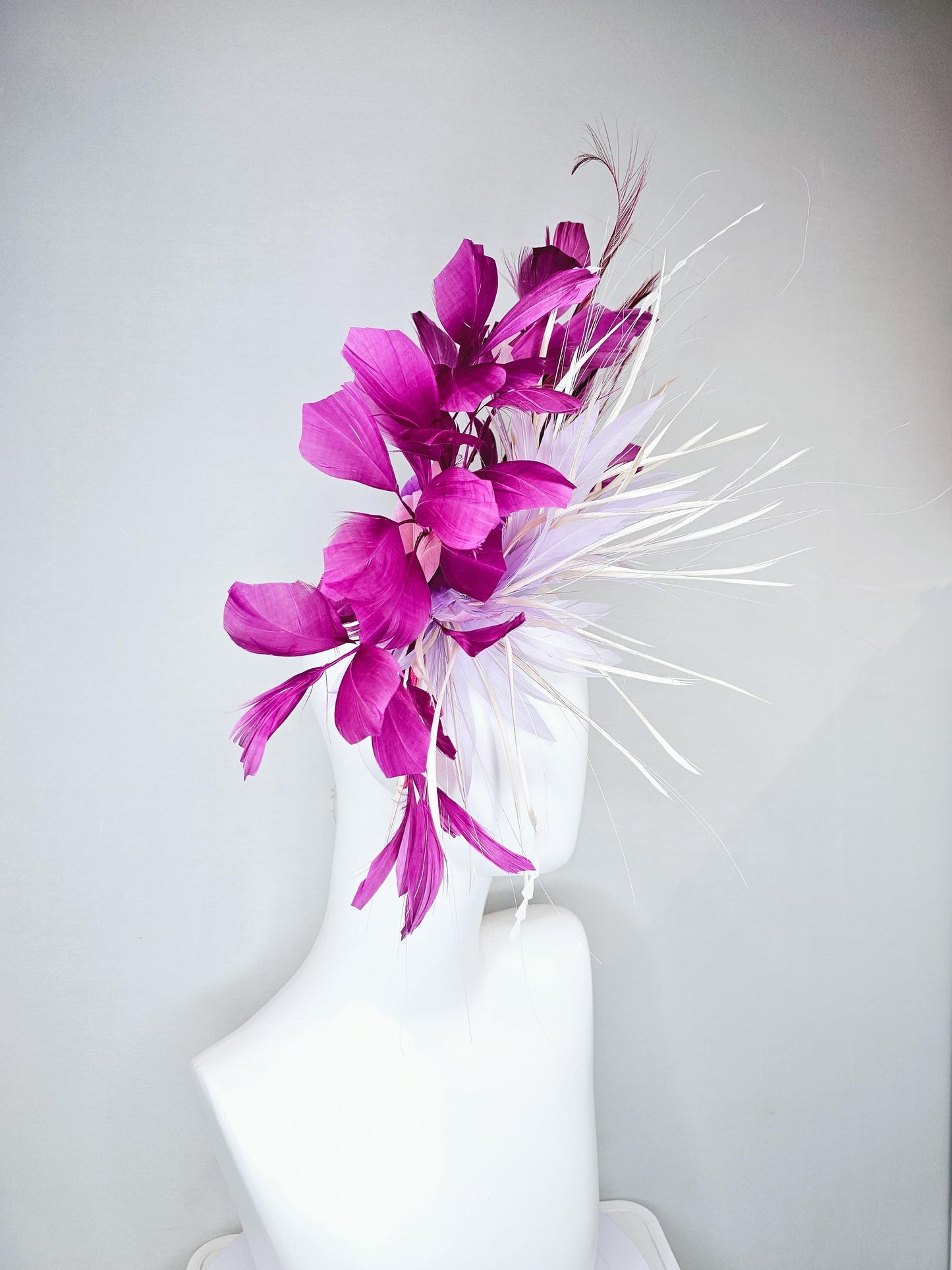 kentucky derby hat fascinator light purple lavender and white feather flower,white zigzag feathers,purple magenta wine burgundy feather