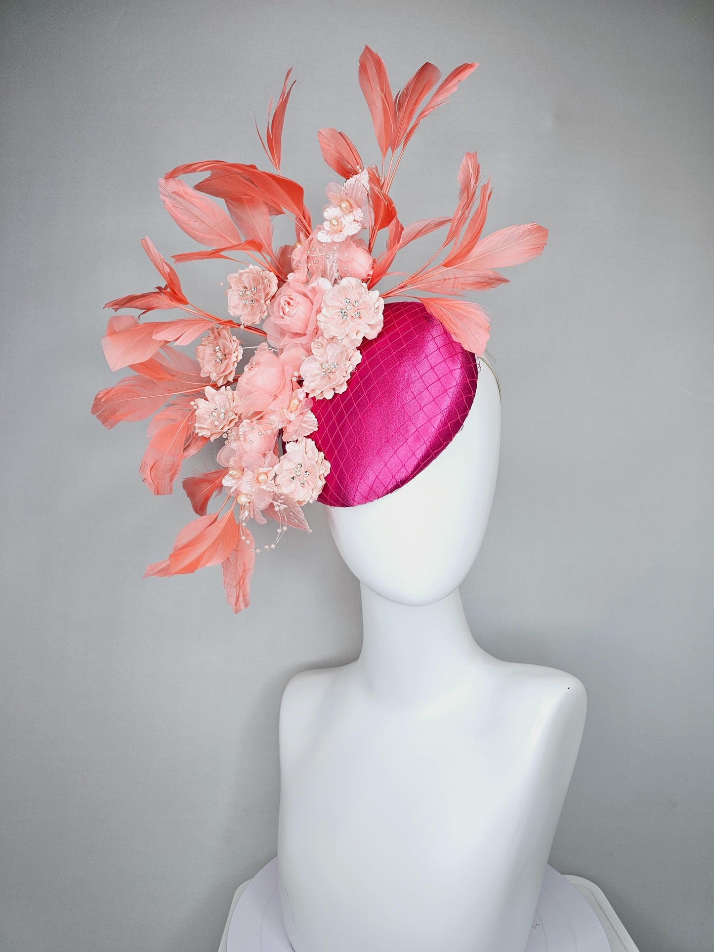 kentucky derby hat fascinator bright pink satin with netting, light blush pink organza satin flowers,light pink leaves,coral orange feathers