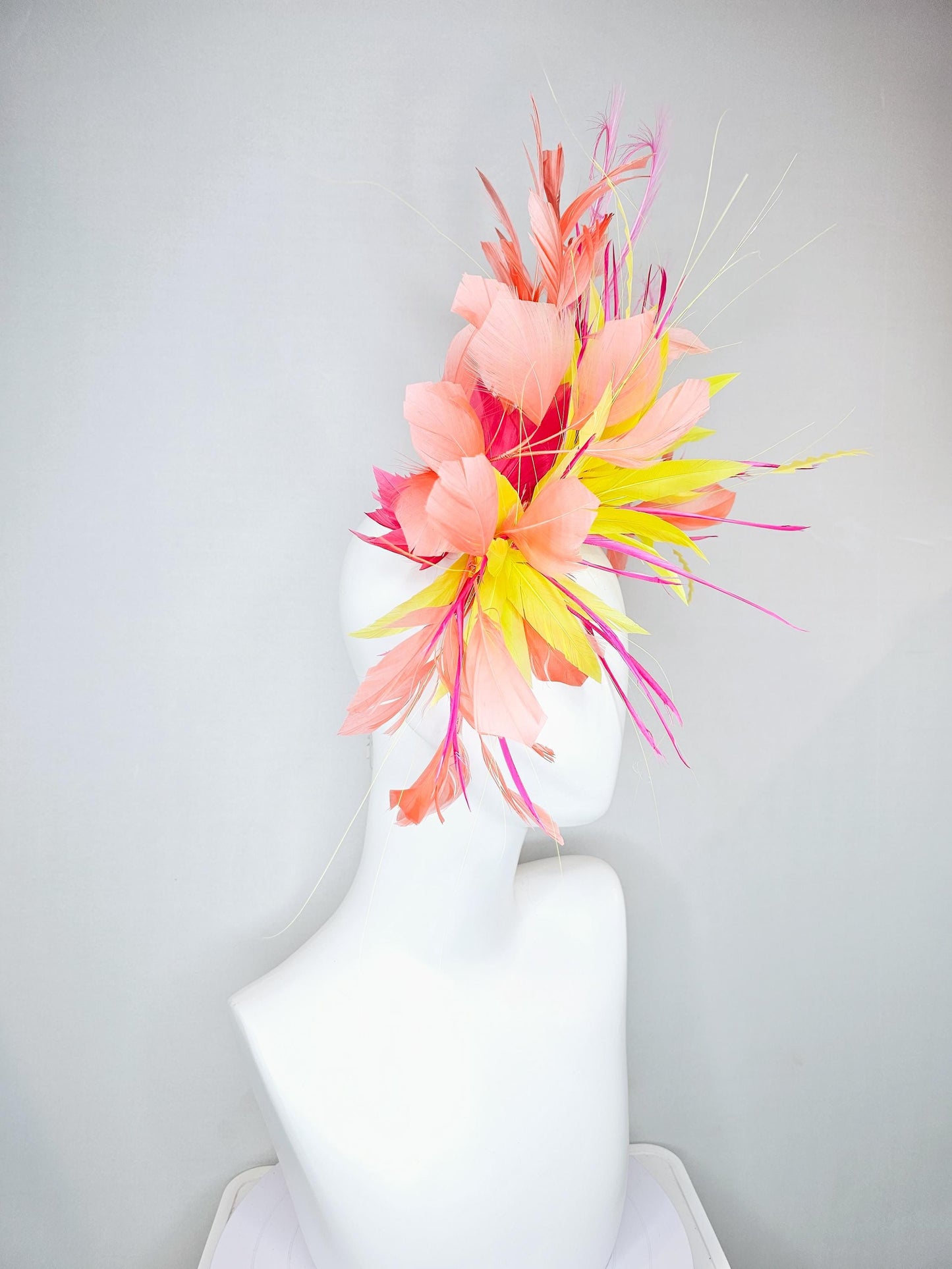 kentucky derby hat fascinator yellow and pink feather flower, yellow zigzag feathers, orange coral peach blush pink feathers