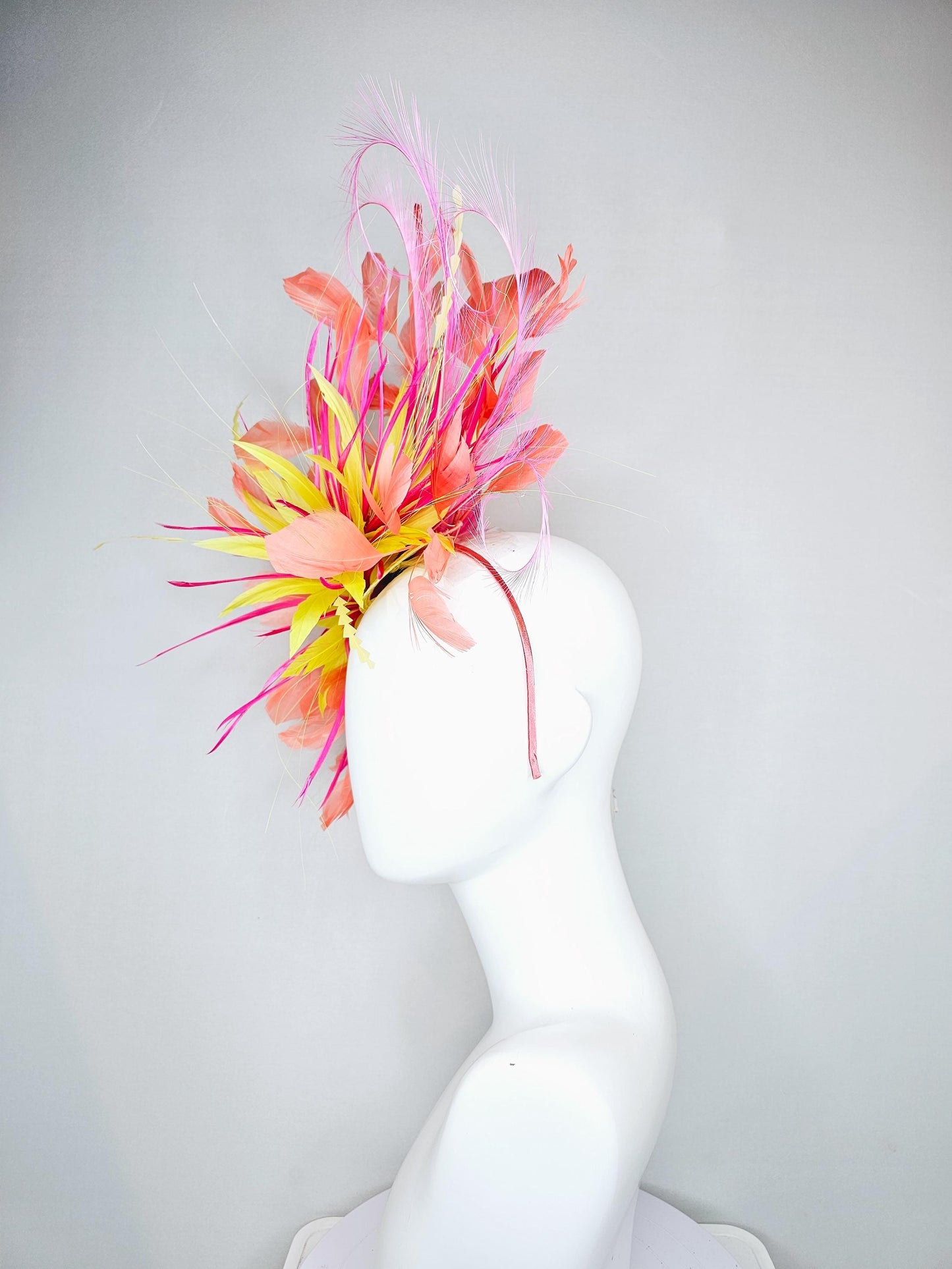 kentucky derby hat fascinator yellow and pink feather flower, yellow zigzag feathers, orange coral peach blush pink feathers