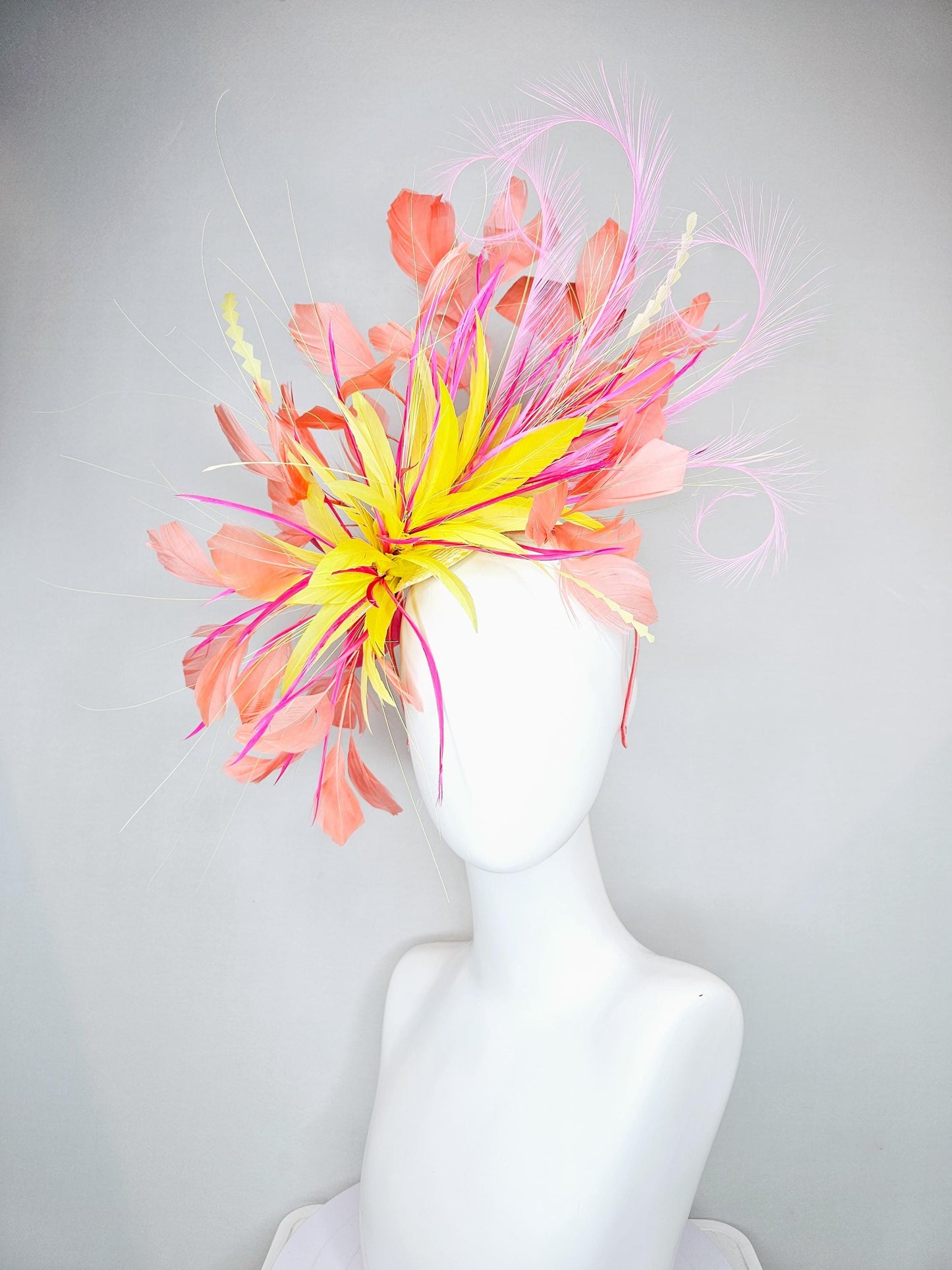 kentucky derby hat fascinator yellow and pink feather flower, yellow zigzag feathers, orange coral peach blush pink feathers