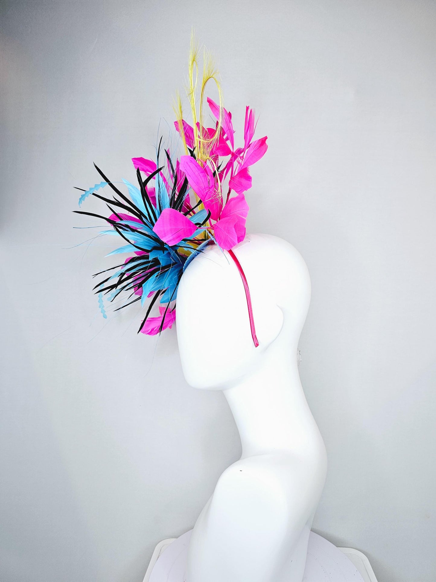 kentucky derby hat fascinator sky blue and black feather flower, zigzag sky blue feathers, yellow pink fuchsia branching feathers