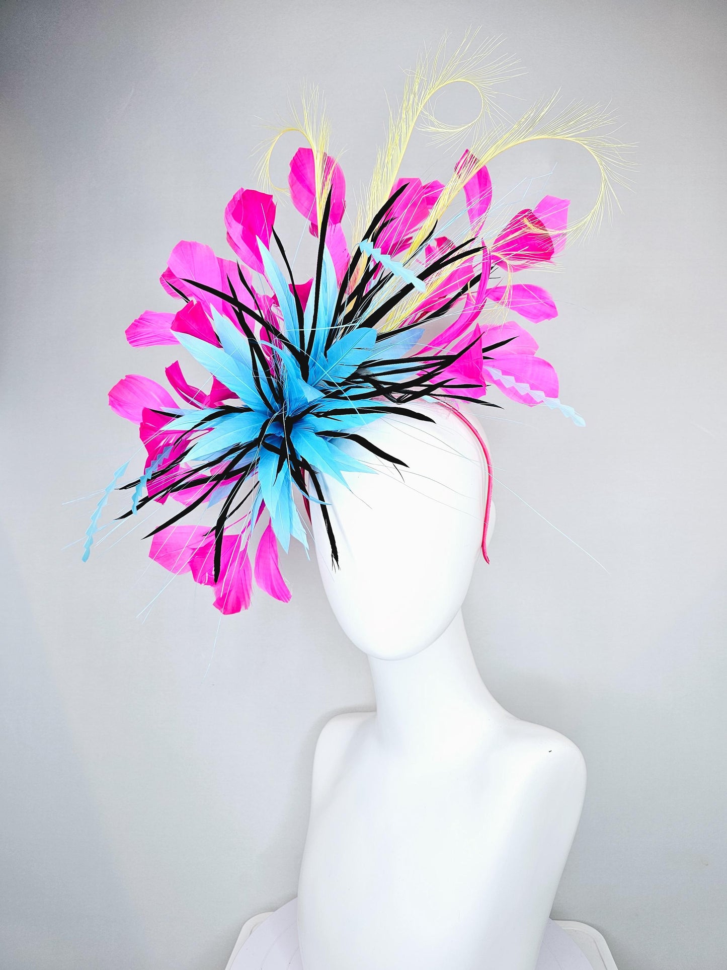 kentucky derby hat fascinator sky blue and black feather flower, zigzag sky blue feathers, yellow pink fuchsia branching feathers