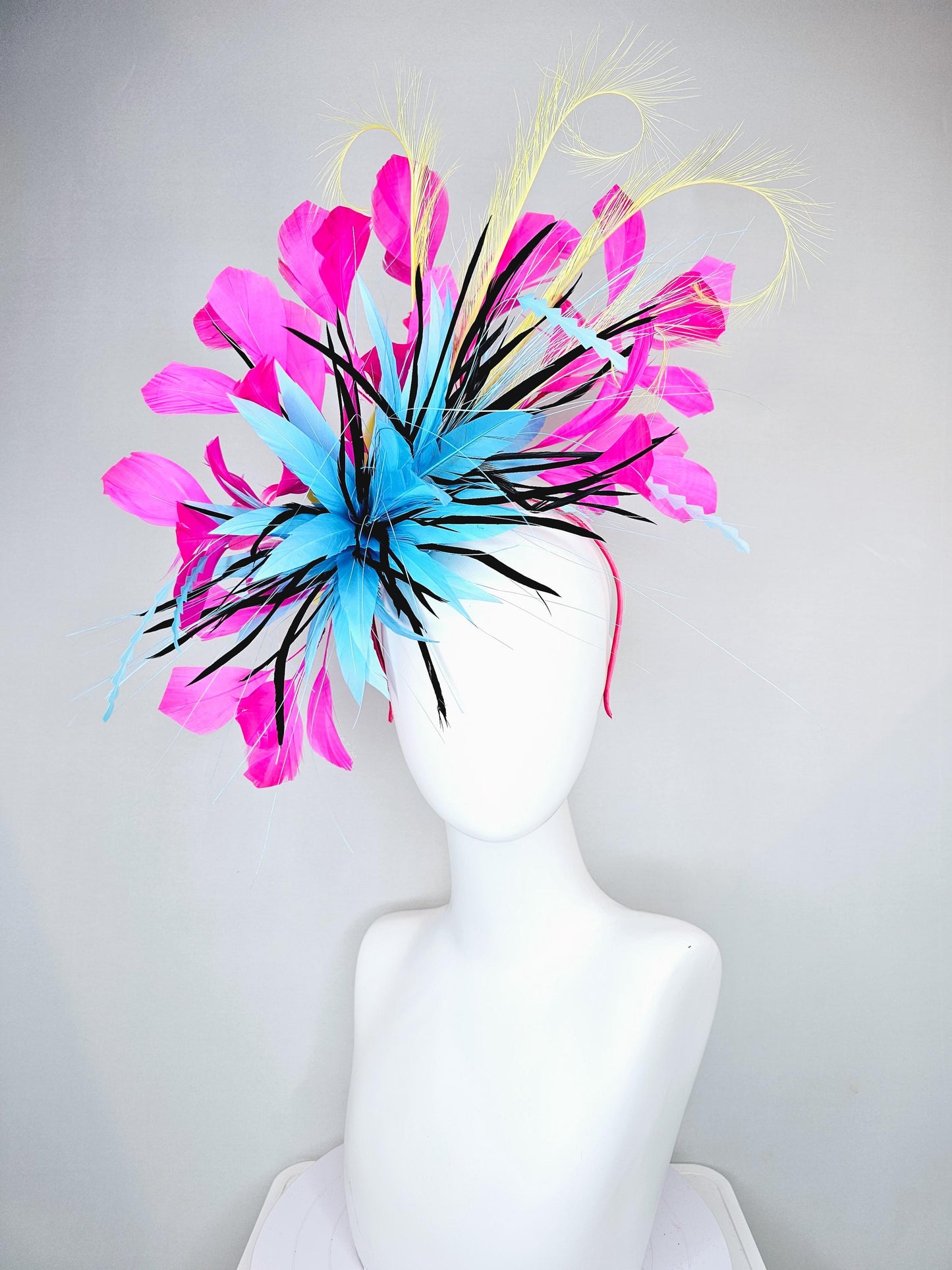 kentucky derby hat fascinator sky blue and black feather flower, zigzag sky blue feathers, yellow pink fuchsia branching feathers