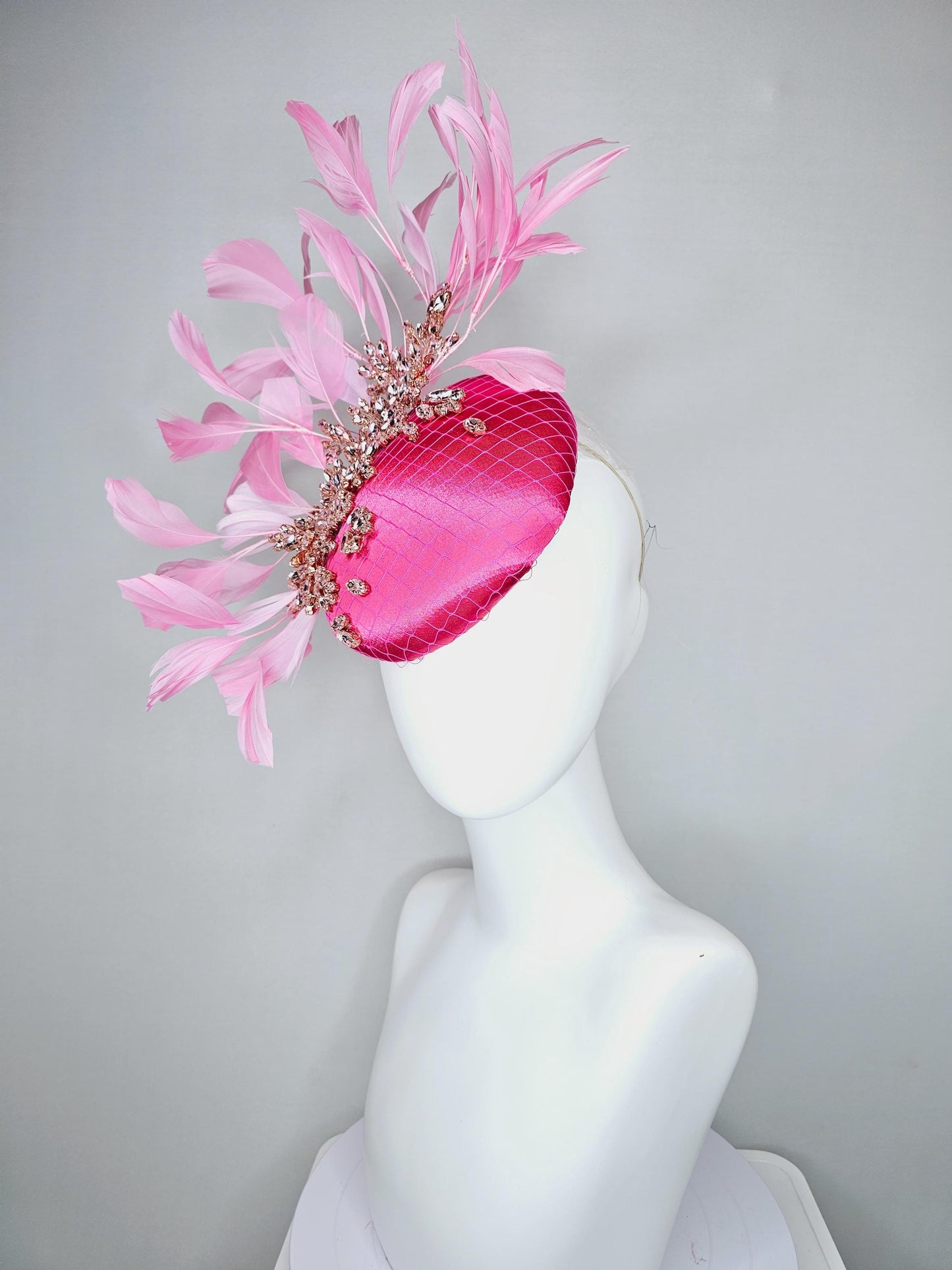 kentucky derby hat fascinator hot pink satin with netting and light pink crystal beaded jewels stems, light blush pink branching feathers